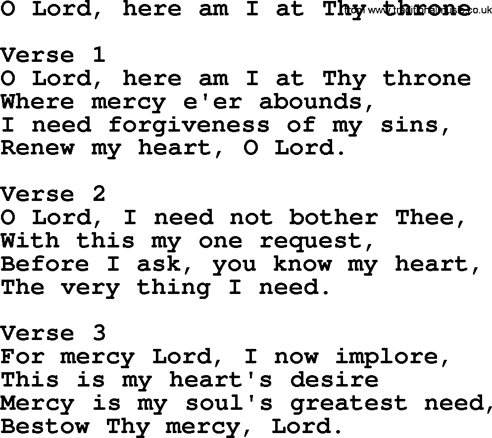Apostolic and Pentecostal Hymns and Gospel Songs, Hymn: O Lord, Here Am I At Thy Throne, Christian lyrics and PDF