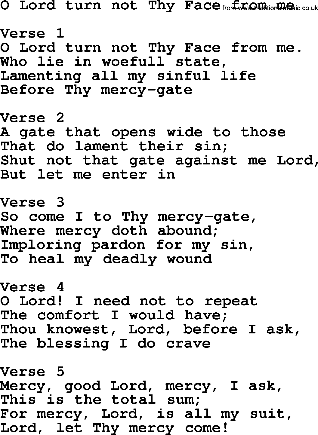 Apostolic and Pentecostal Hymns and Gospel Songs, Hymn: O Lord Turn Not Thy Face From Me, Christian lyrics and PDF