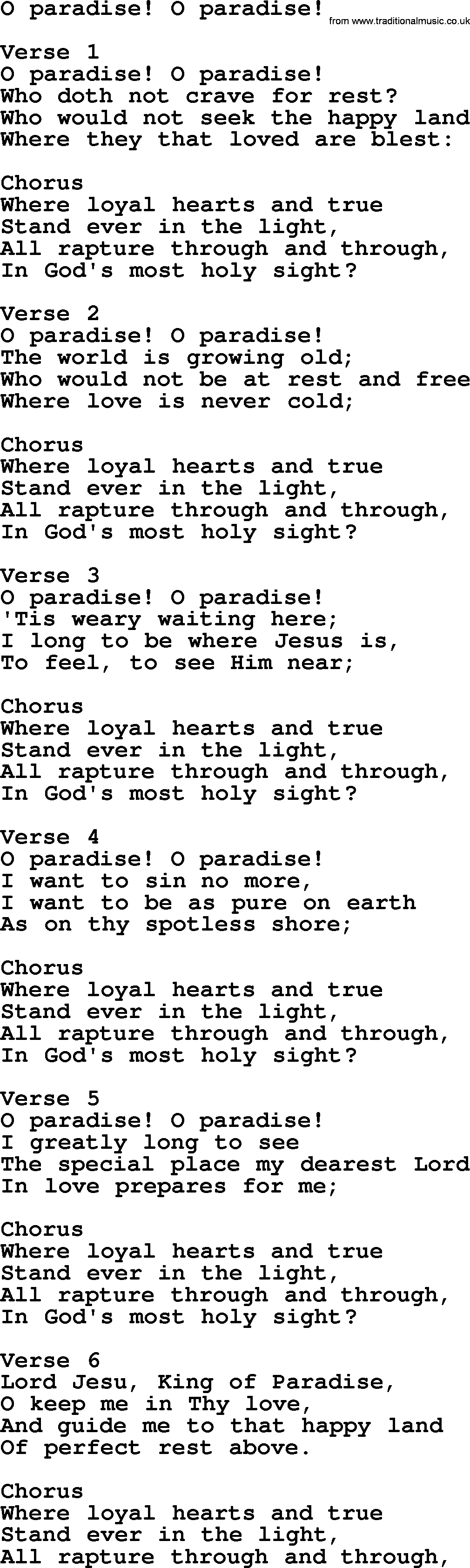 Apostolic and Pentecostal Hymns and Gospel Songs, Hymn: O Paradise! O Paradise!, Christian lyrics and PDF