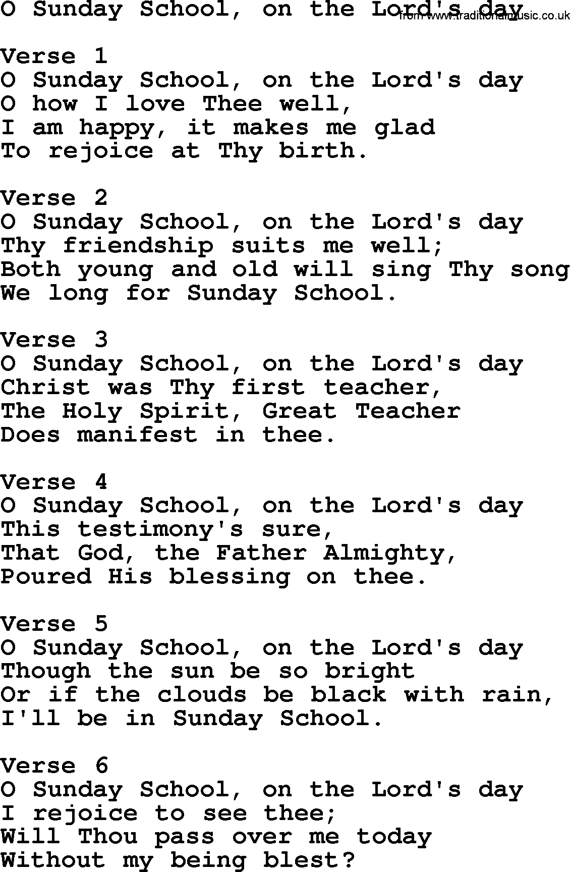 Apostolic and Pentecostal Hymns and Gospel Songs, Hymn: O Sunday School, On The Lord's Day, Christian lyrics and PDF