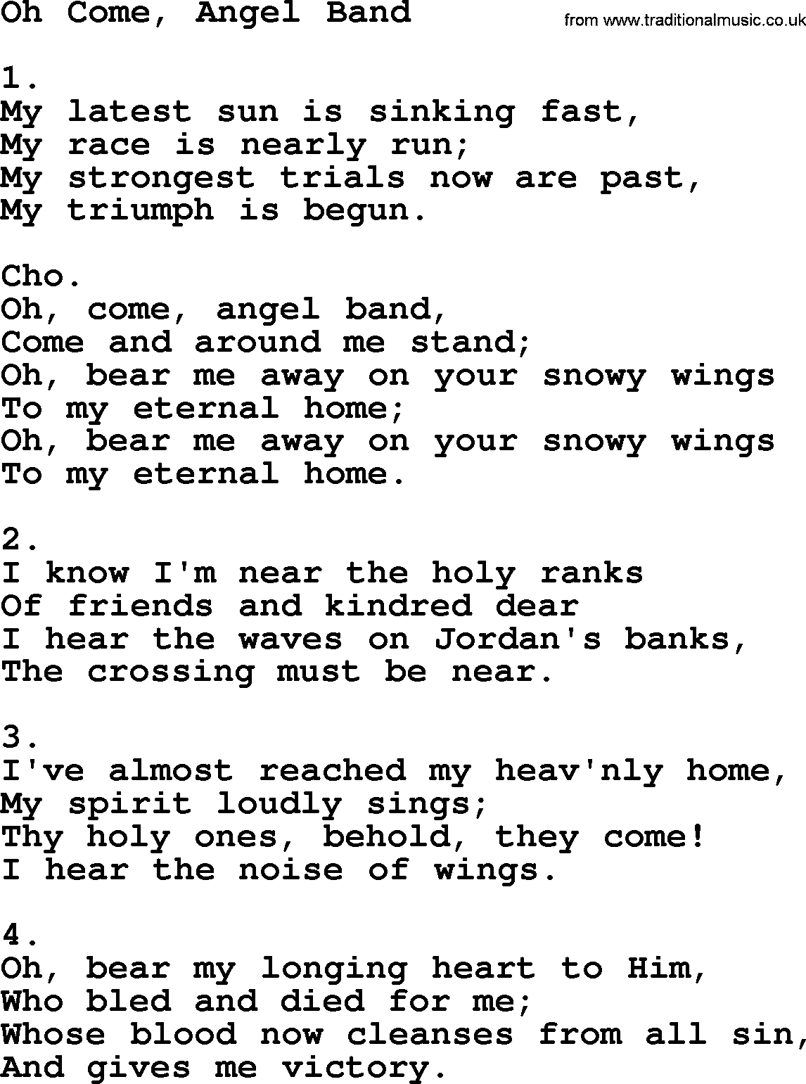 Apostolic & Pentecostal Hymns and Songs, Hymn: Oh Come, Angel Band lyrics and PDF