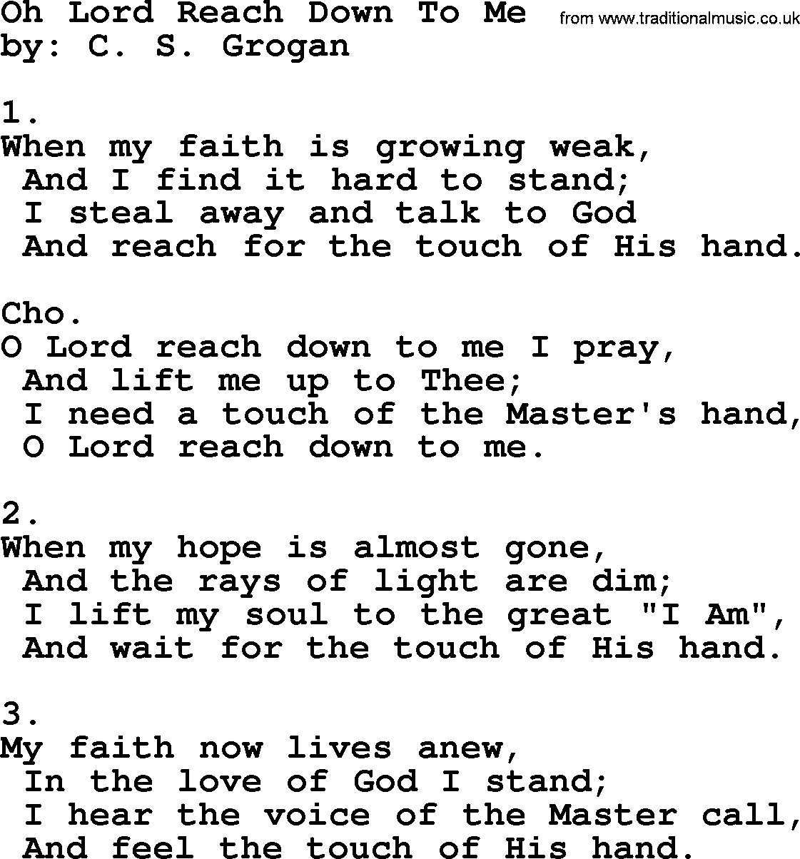 Apostolic & Pentecostal Hymns and Songs, Hymn: Oh Lord Reach Down To Me lyrics and PDF