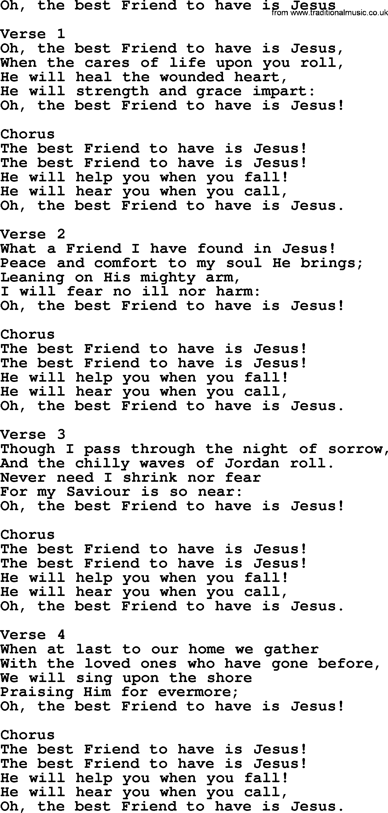 Apostolic and Pentecostal Hymns and Gospel Songs, Hymn: Oh, The Best Friend To Have Is Jesus, Christian lyrics and PDF