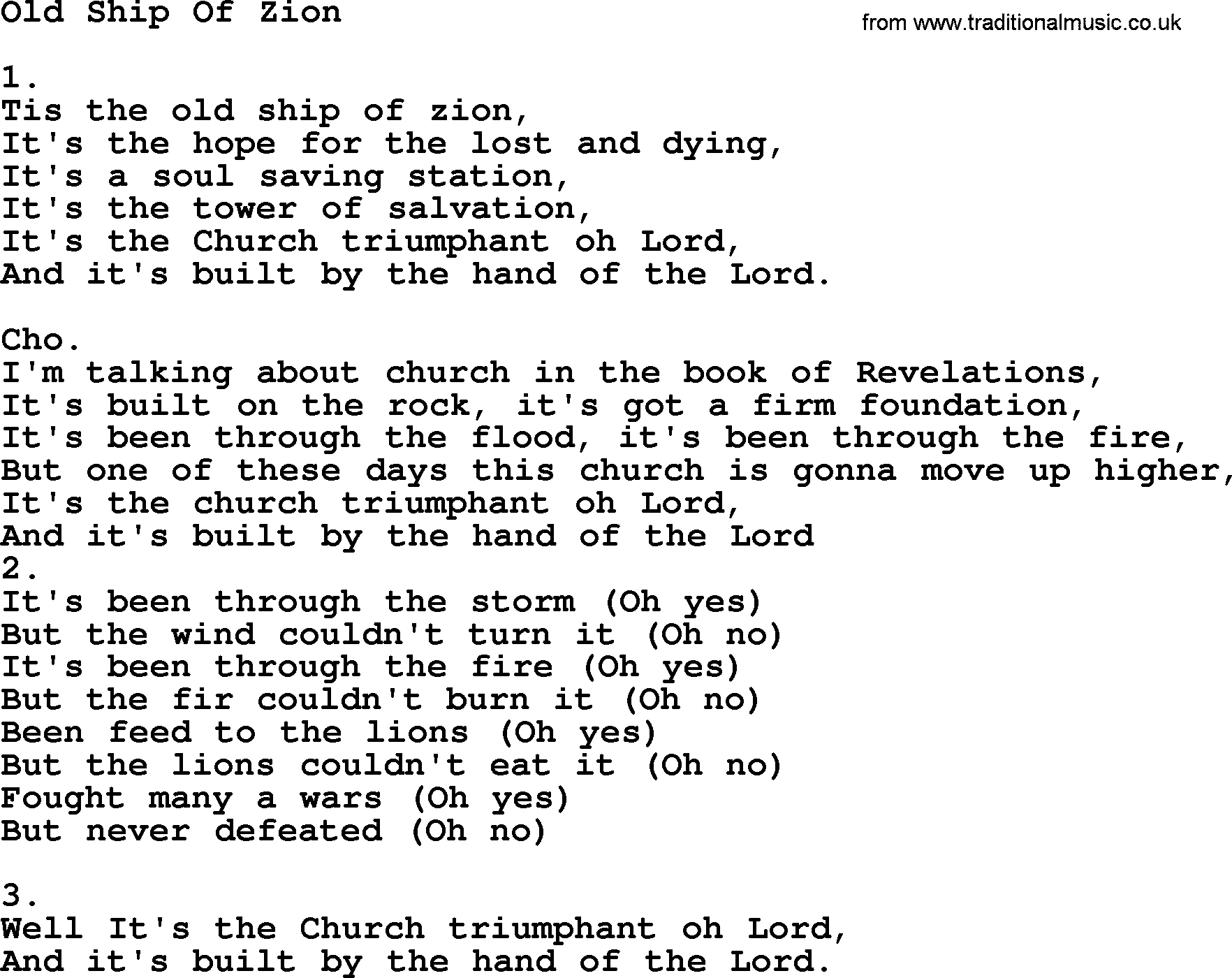 Apostolic & Pentecostal Hymns and Songs, Hymn: Old Ship Of Zion lyrics and PDF