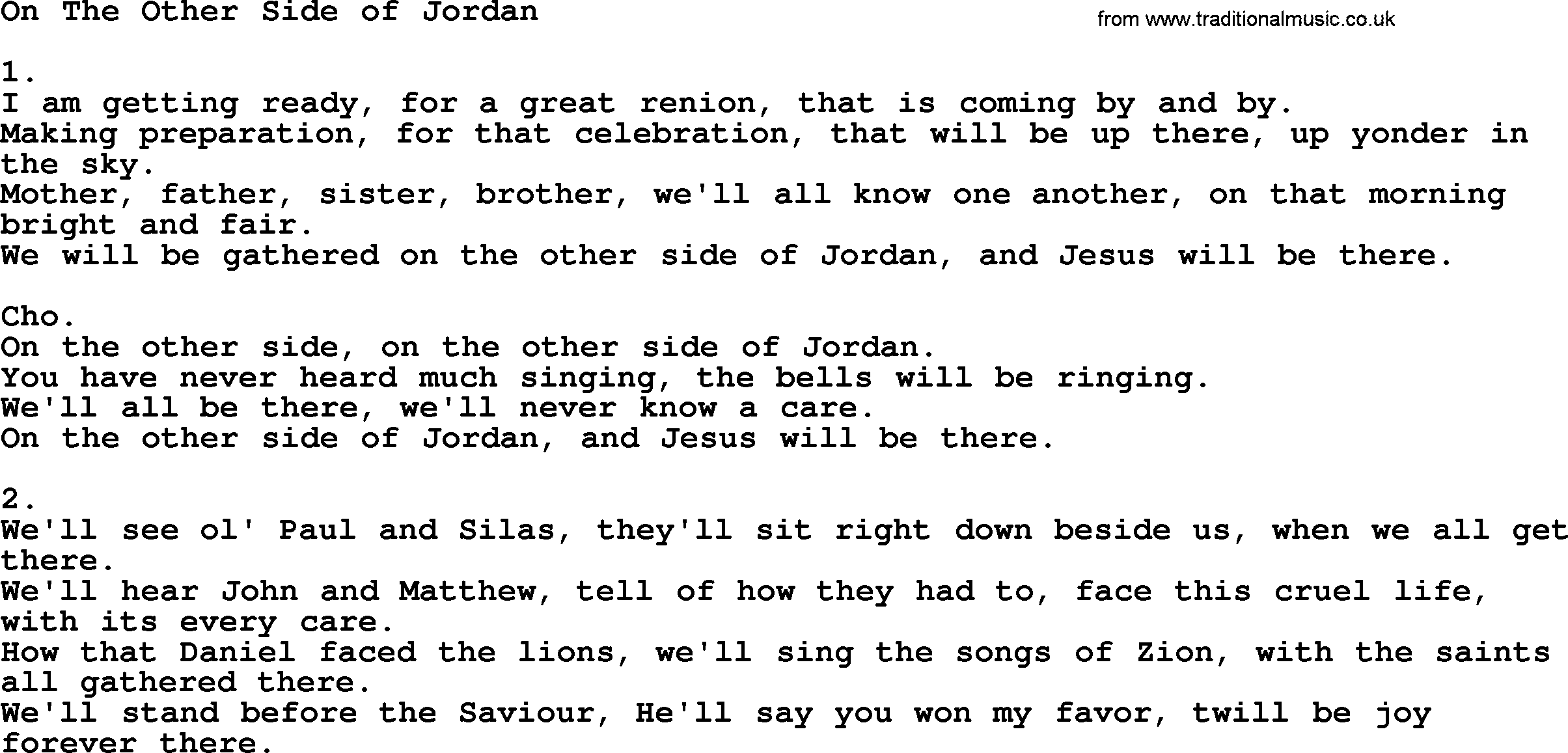 Apostolic & Pentecostal Hymns and Songs, Hymn: On The Other Side of Jordan lyrics and PDF