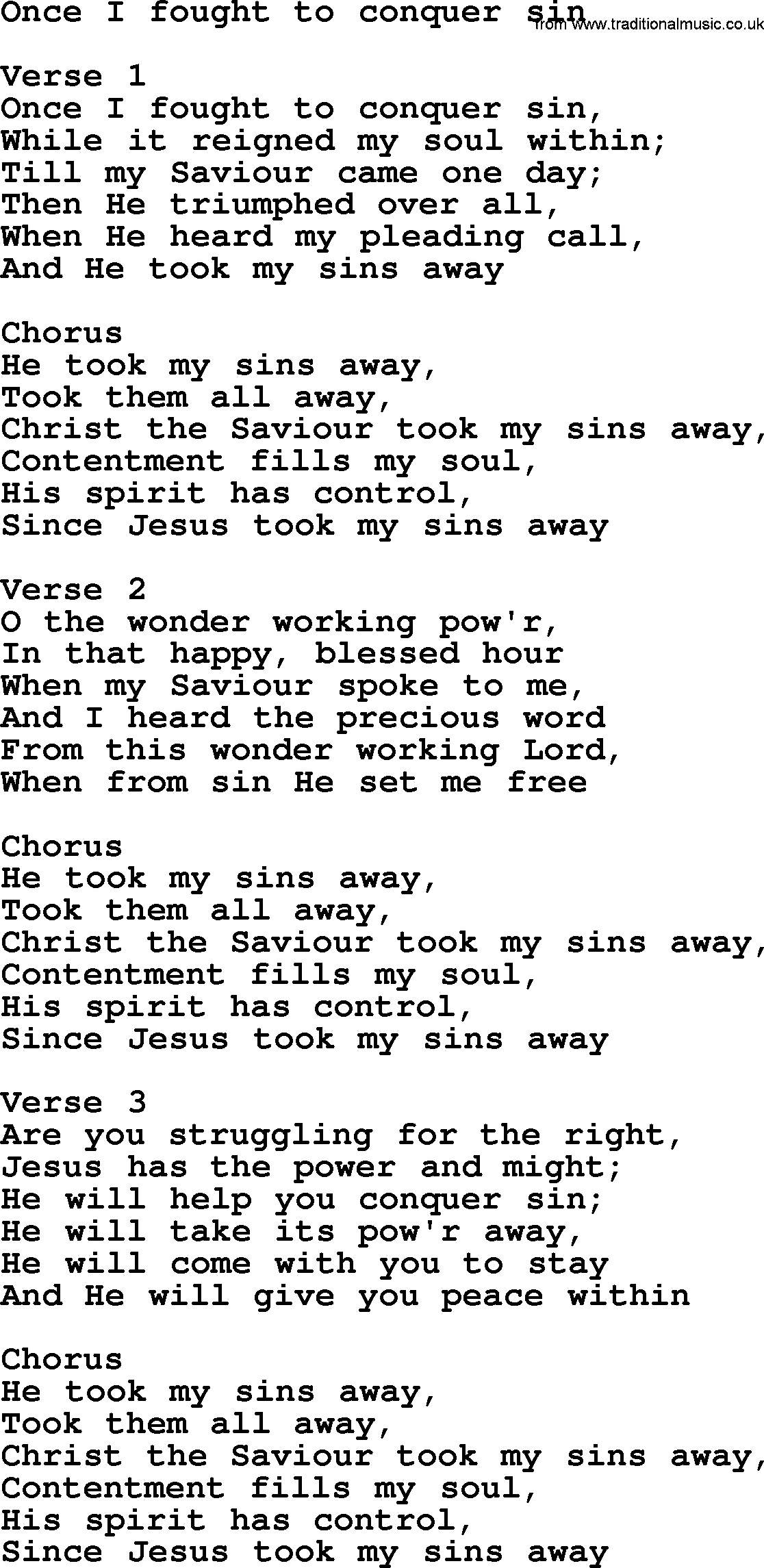 Apostolic and Pentecostal Hymns and Gospel Songs, Hymn: Once I Fought To Conquer Sin, Christian lyrics and PDF