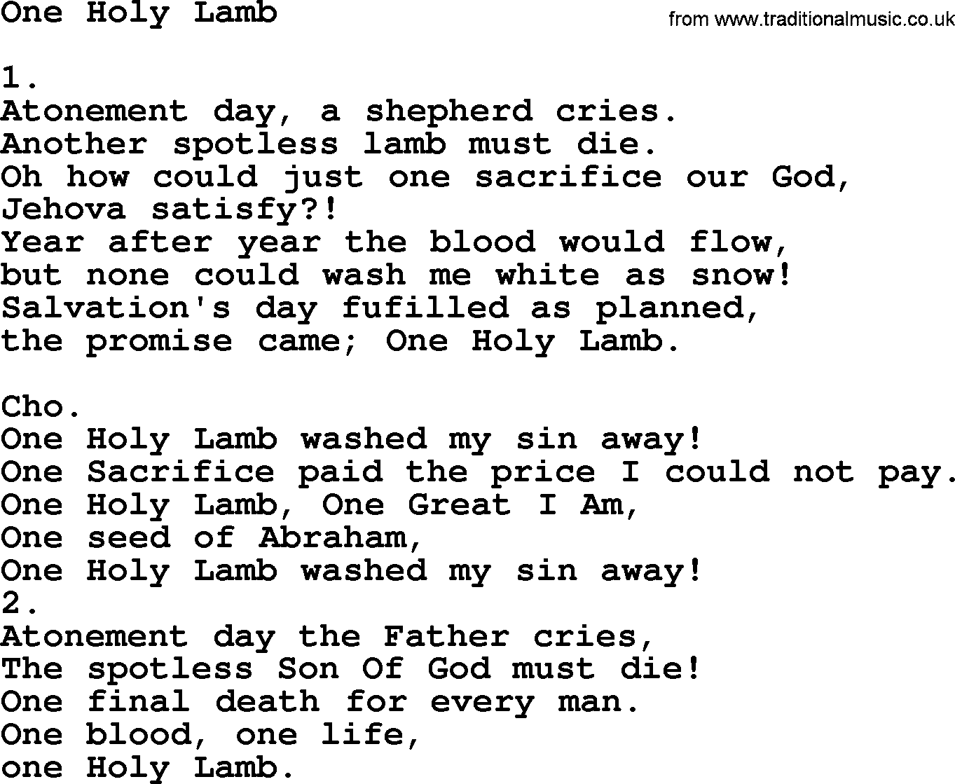 Apostolic & Pentecostal Hymns and Songs, Hymn: One Holy Lamb lyrics and PDF