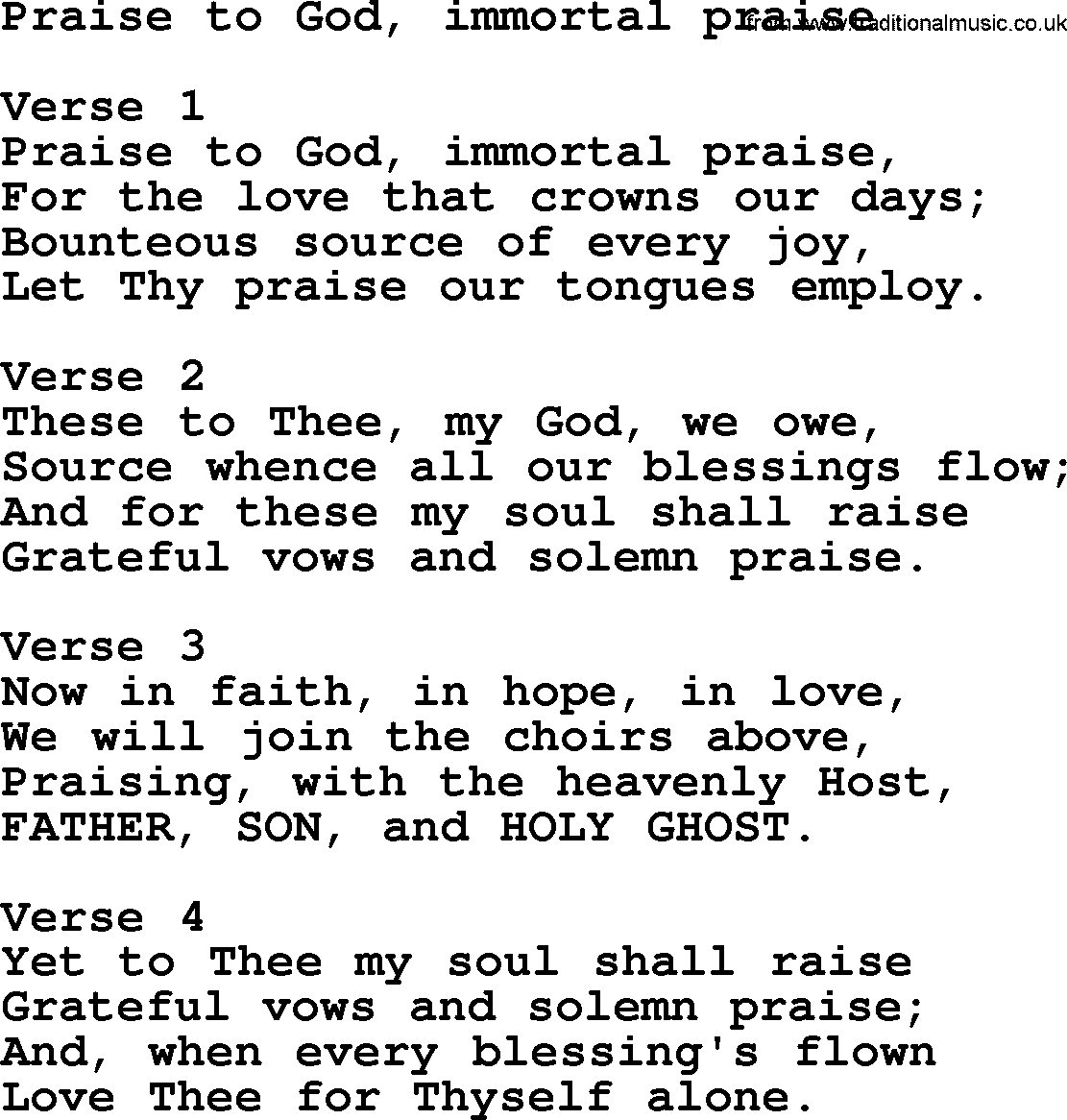 Apostolic and Pentecostal Hymns and Gospel Songs, Hymn: Praise To God, Immortal Praise, Christian lyrics and PDF