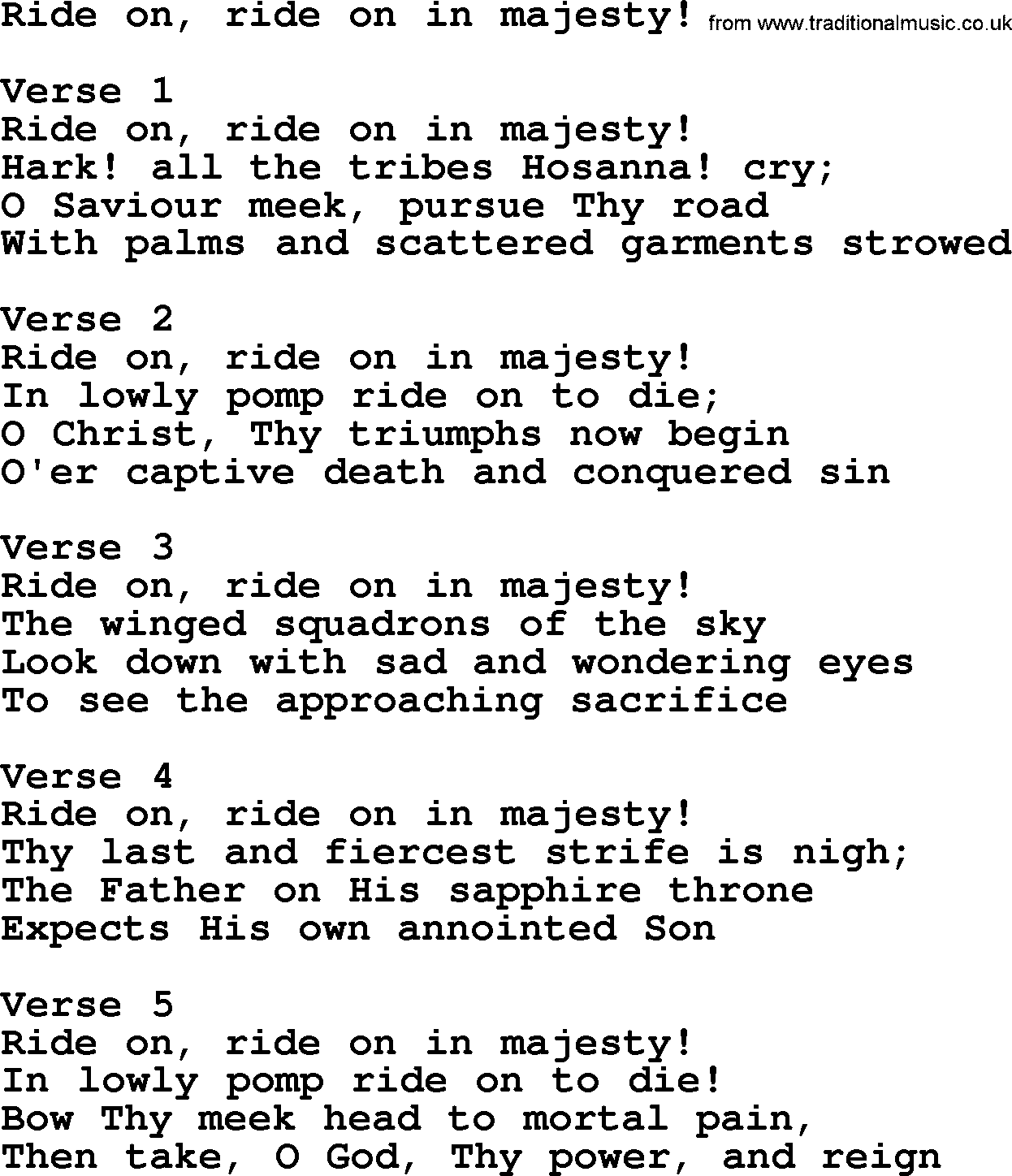 Apostolic and Pentecostal Hymns and Gospel Songs, Hymn: Ride On, Ride On In Majesty!, Christian lyrics and PDF