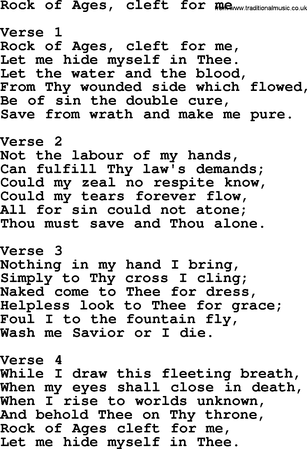 Apostolic and Pentecostal Hymns and Gospel Songs, Hymn: Rock Of Ages, Cleft For Me, Christian lyrics and PDF