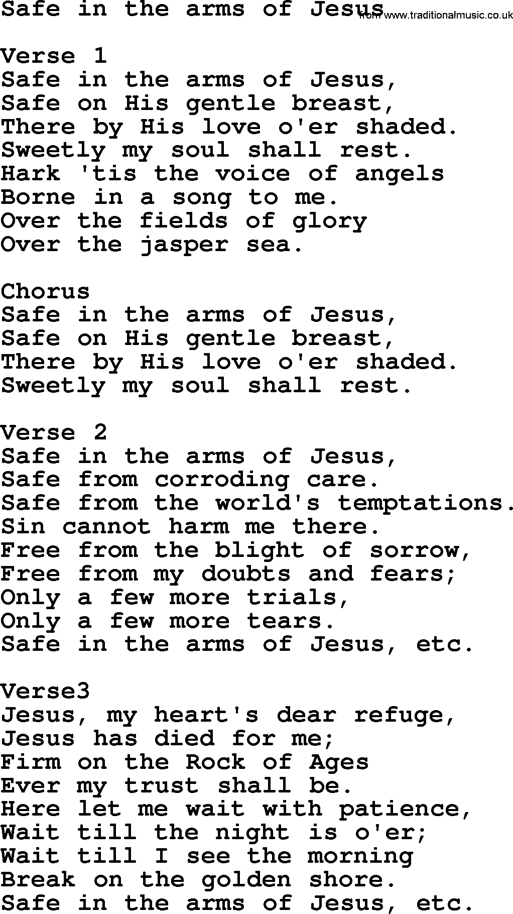 Apostolic and Pentecostal Hymns and Gospel Songs, Hymn: Safe In The Arms Of Jesus, Christian lyrics and PDF