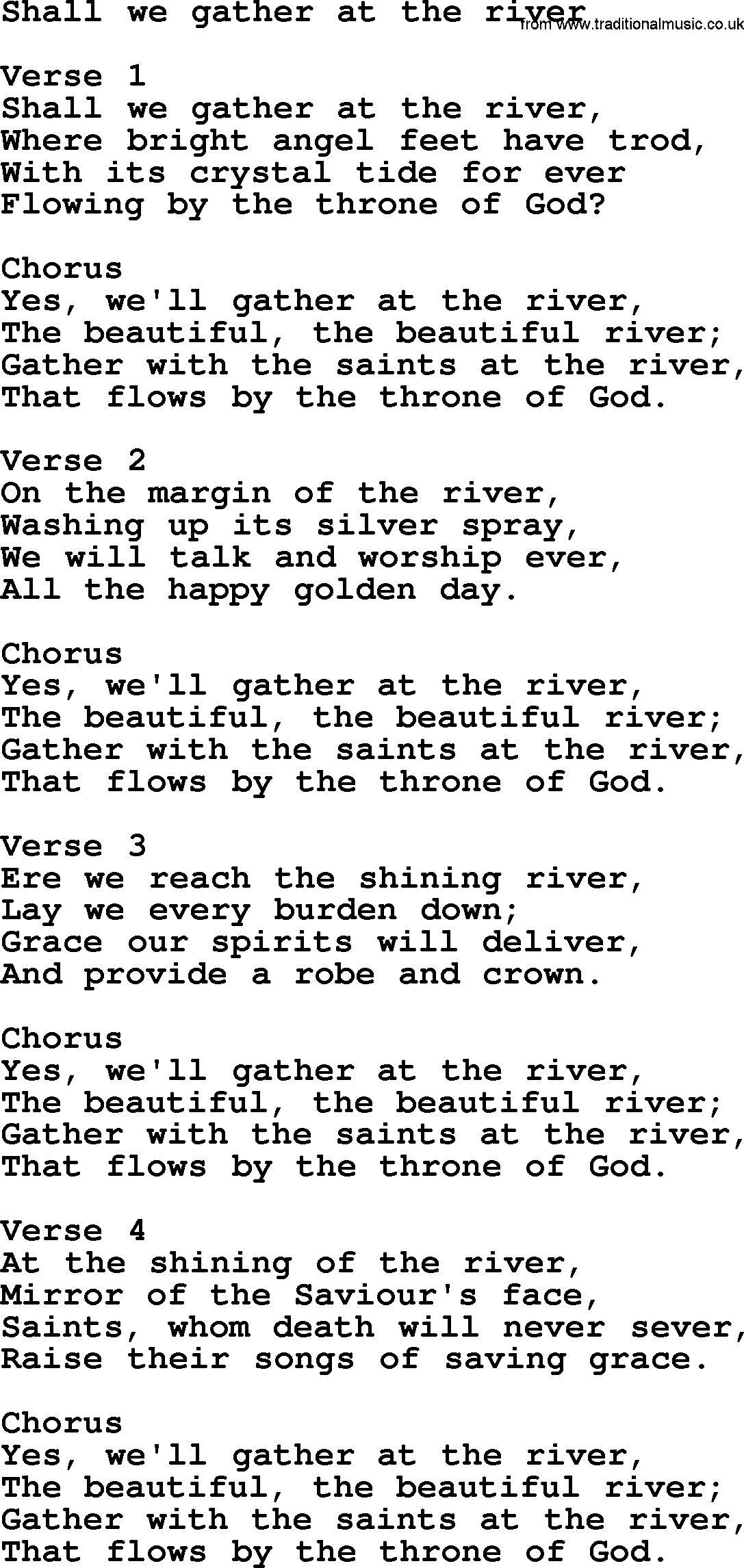 Apostolic and Pentecostal Hymns and Gospel Songs, Hymn: Shall We Gather At The River, Christian lyrics and PDF