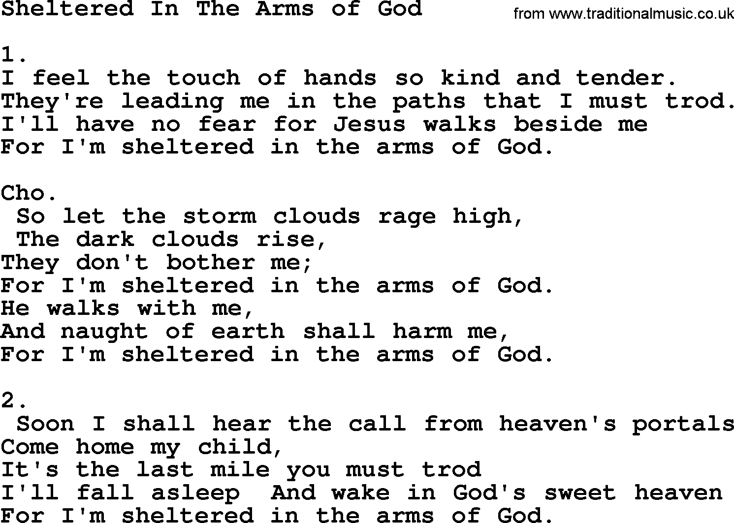 Apostolic & Pentecostal Hymns and Songs, Hymn: Sheltered In The Arms of God lyrics and PDF