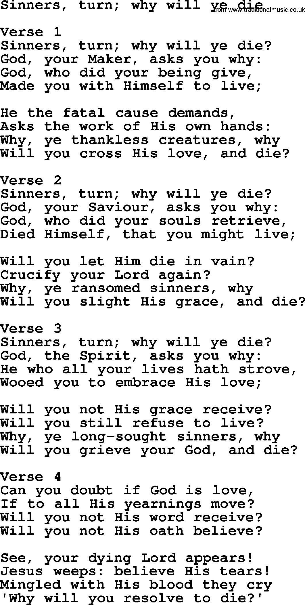 Apostolic and Pentecostal Hymns and Gospel Songs, Hymn: Sinners, Turn; Why Will Ye Die, Christian lyrics and PDF