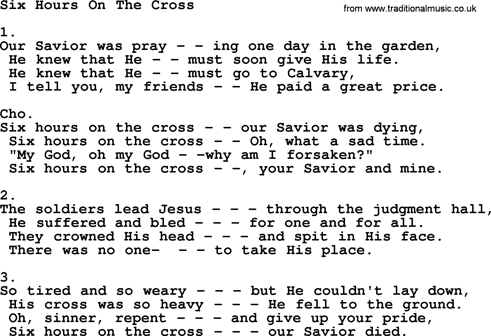 Apostolic & Pentecostal Hymns and Songs, Hymn: Six Hours On The Cross lyrics and PDF