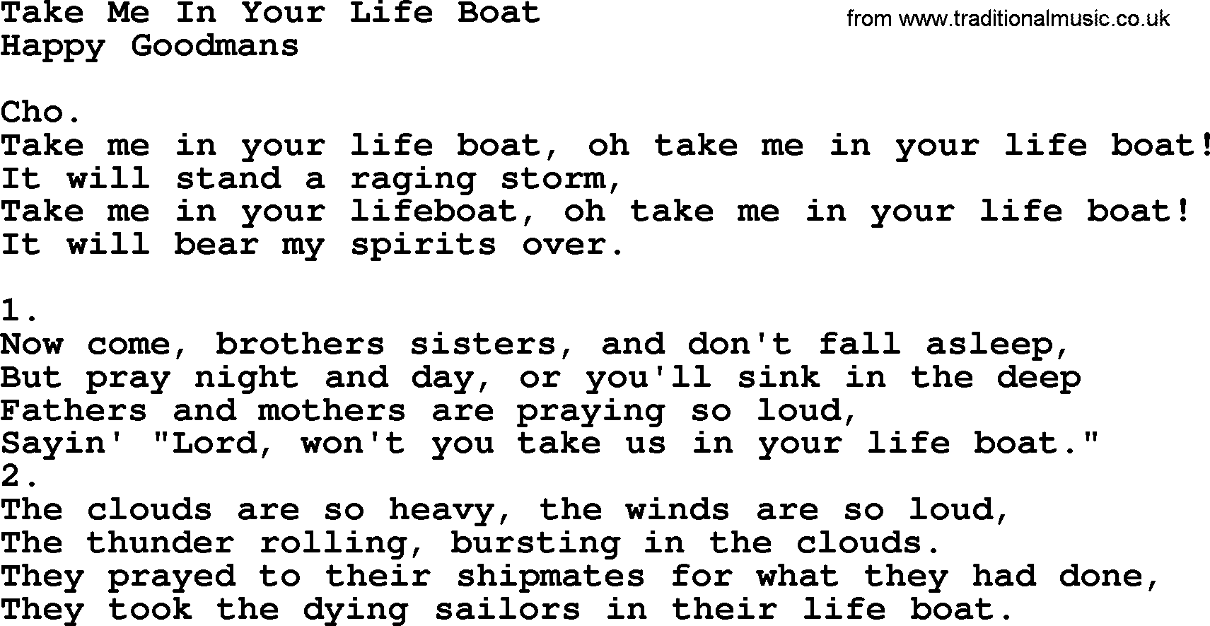Apostolic & Pentecostal Hymns and Songs, Hymn: Take Me In Your Life Boat lyrics and PDF