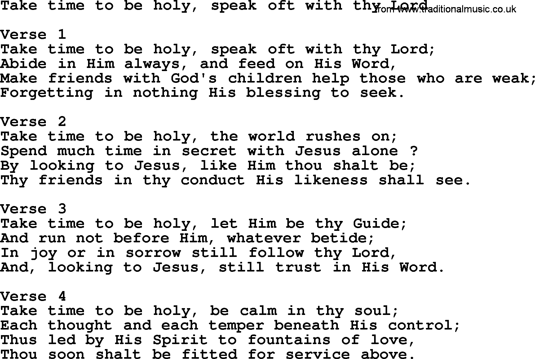 Apostolic and Pentecostal Hymns and Gospel Songs, Hymn: Take Time To Be Holy, Speak Oft With Thy Lord, Christian lyrics and PDF