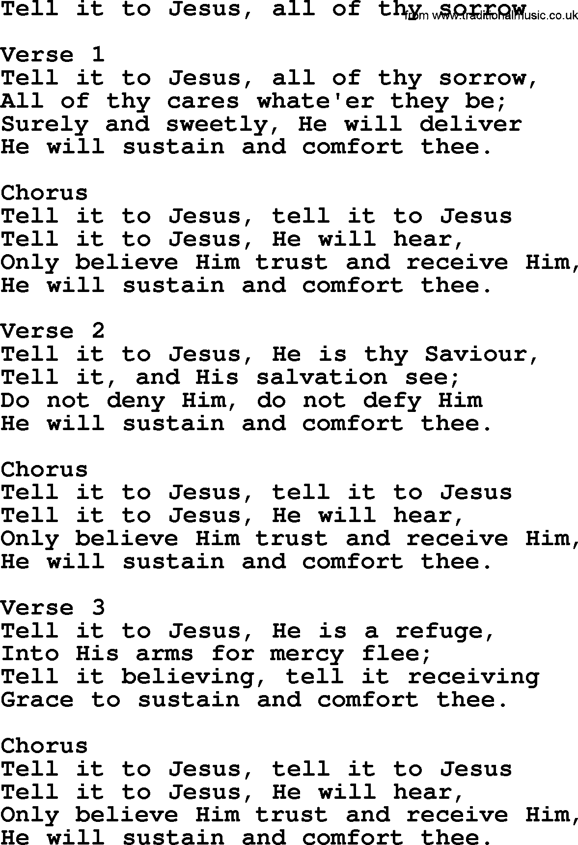 Apostolic and Pentecostal Hymns and Gospel Songs, Hymn: Tell It To Jesus, All Of Thy Sorrow, Christian lyrics and PDF