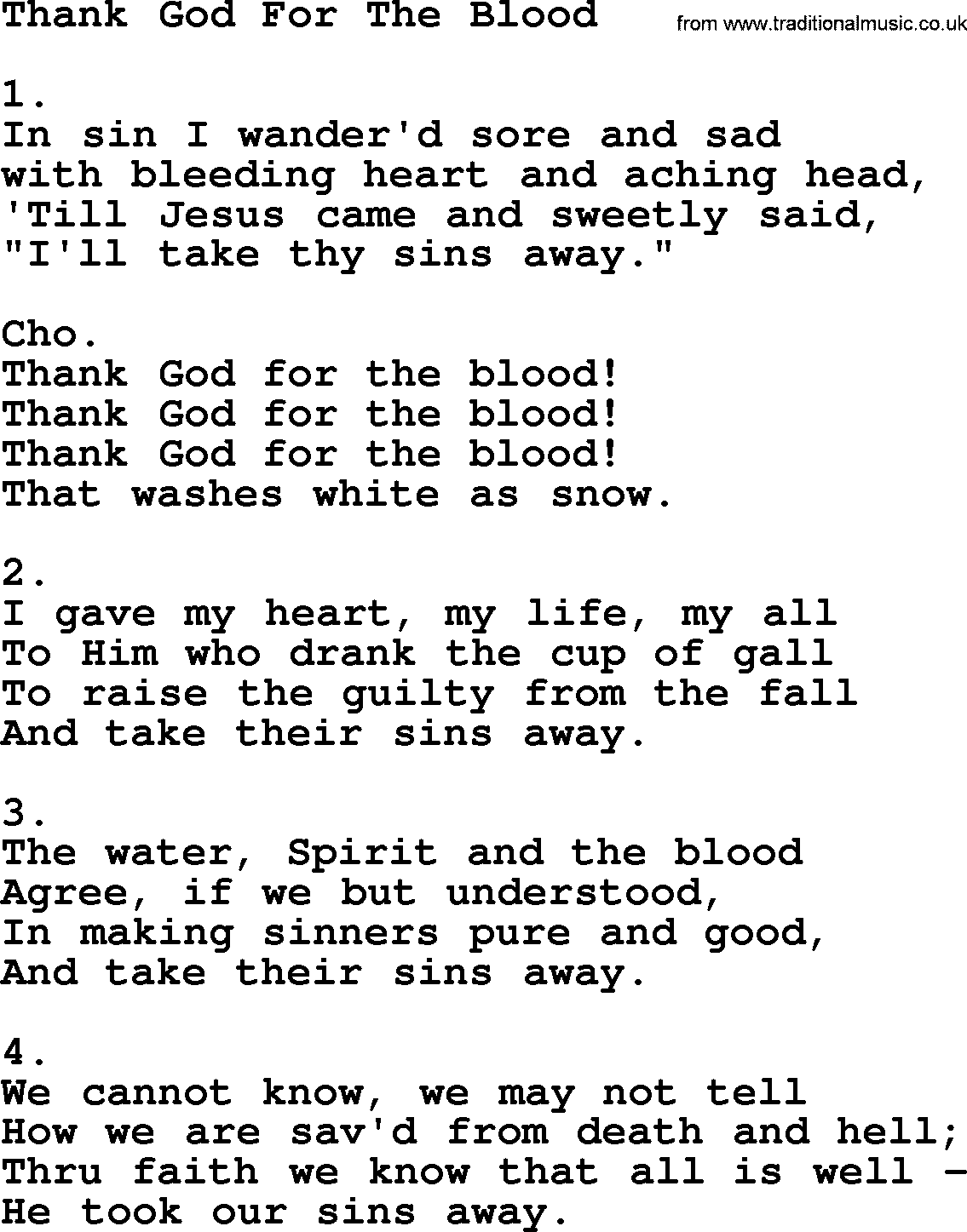 Apostolic & Pentecostal Hymns and Songs, Hymn: Thank God For The Blood lyrics and PDF