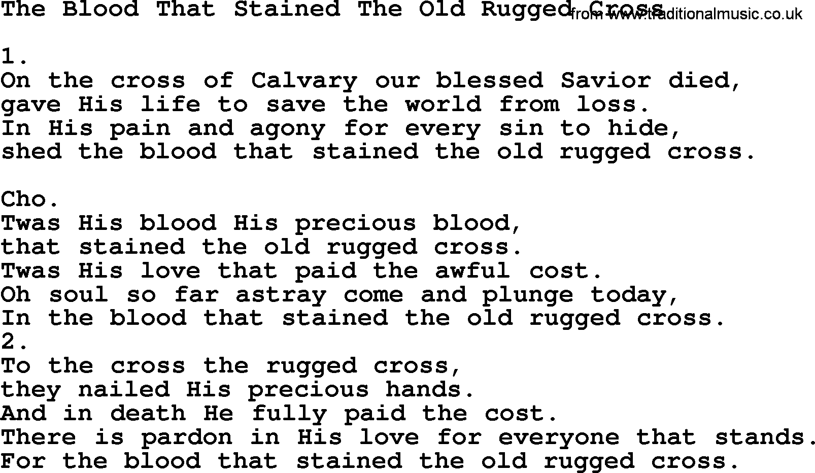 Apostolic & Pentecostal Hymns and Songs, Hymn: The Blood That Stained The Old Rugged Cross lyrics and PDF
