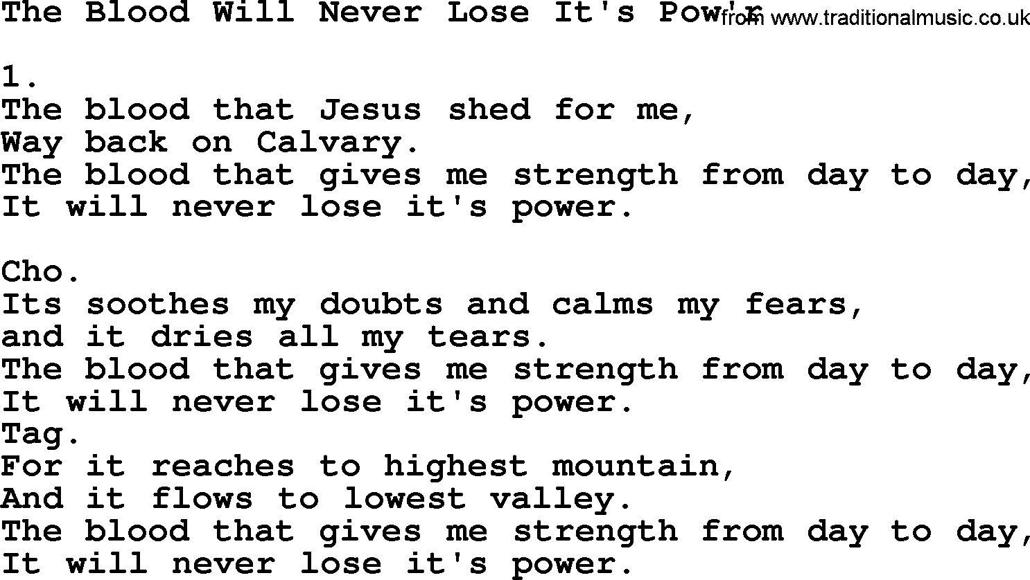 Apostolic & Pentecostal Hymns and Songs, Hymn: The Blood Will Never Lose It's Pow'r lyrics and PDF