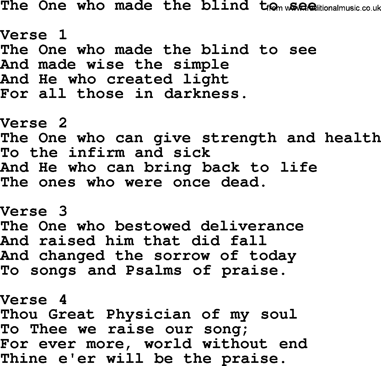 Apostolic and Pentecostal Hymns and Gospel Songs, Hymn: The One Who Made The Blind To See, Christian lyrics and PDF