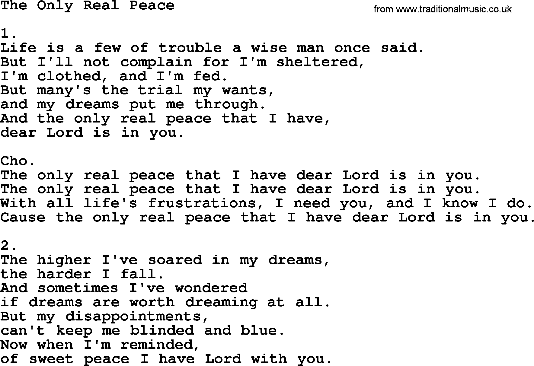 Apostolic & Pentecostal Hymns and Songs, Hymn: The Only Real Peace lyrics and PDF