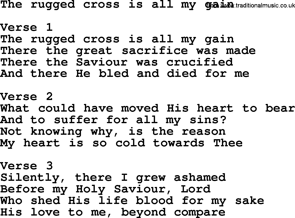 Apostolic and Pentecostal Hymns and Gospel Songs, Hymn: The Rugged Cross Is All My Gain, Christian lyrics and PDF