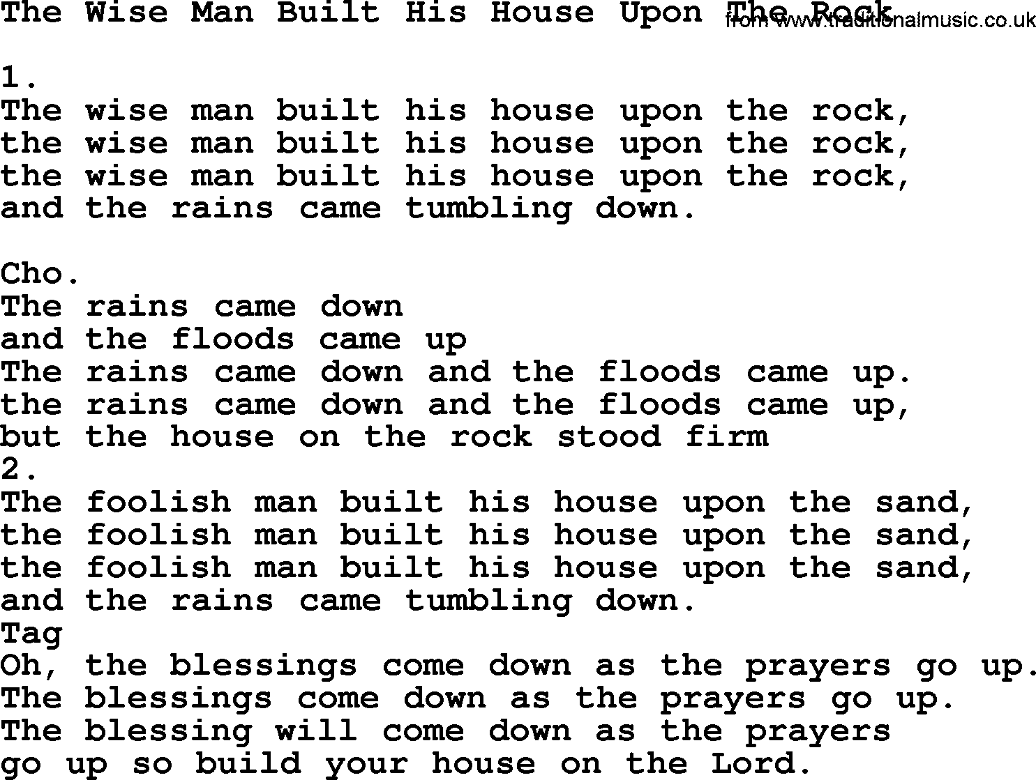 Apostolic & Pentecostal Hymns and Songs, Hymn: The Wise Man Built His House Upon The Rock lyrics and PDF
