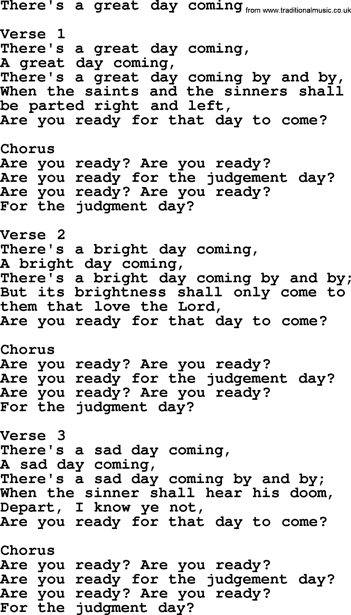 Apostolic and Pentecostal Hymns and Gospel Songs, Hymn: There's A Great Day Coming, Christian lyrics and PDF