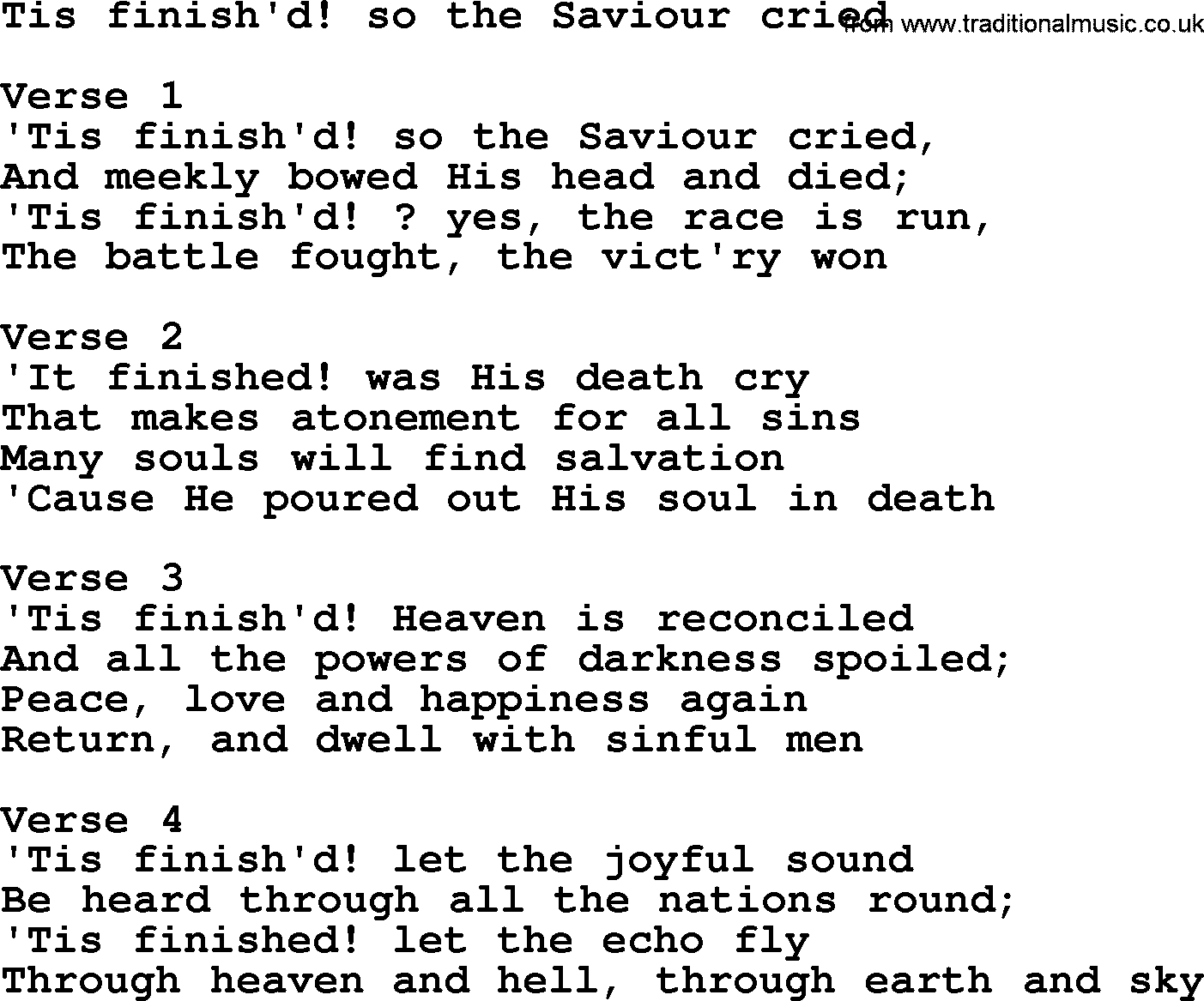 Apostolic and Pentecostal Hymns and Gospel Songs, Hymn: Tis Finish'd! So The Saviour Cried, Christian lyrics and PDF
