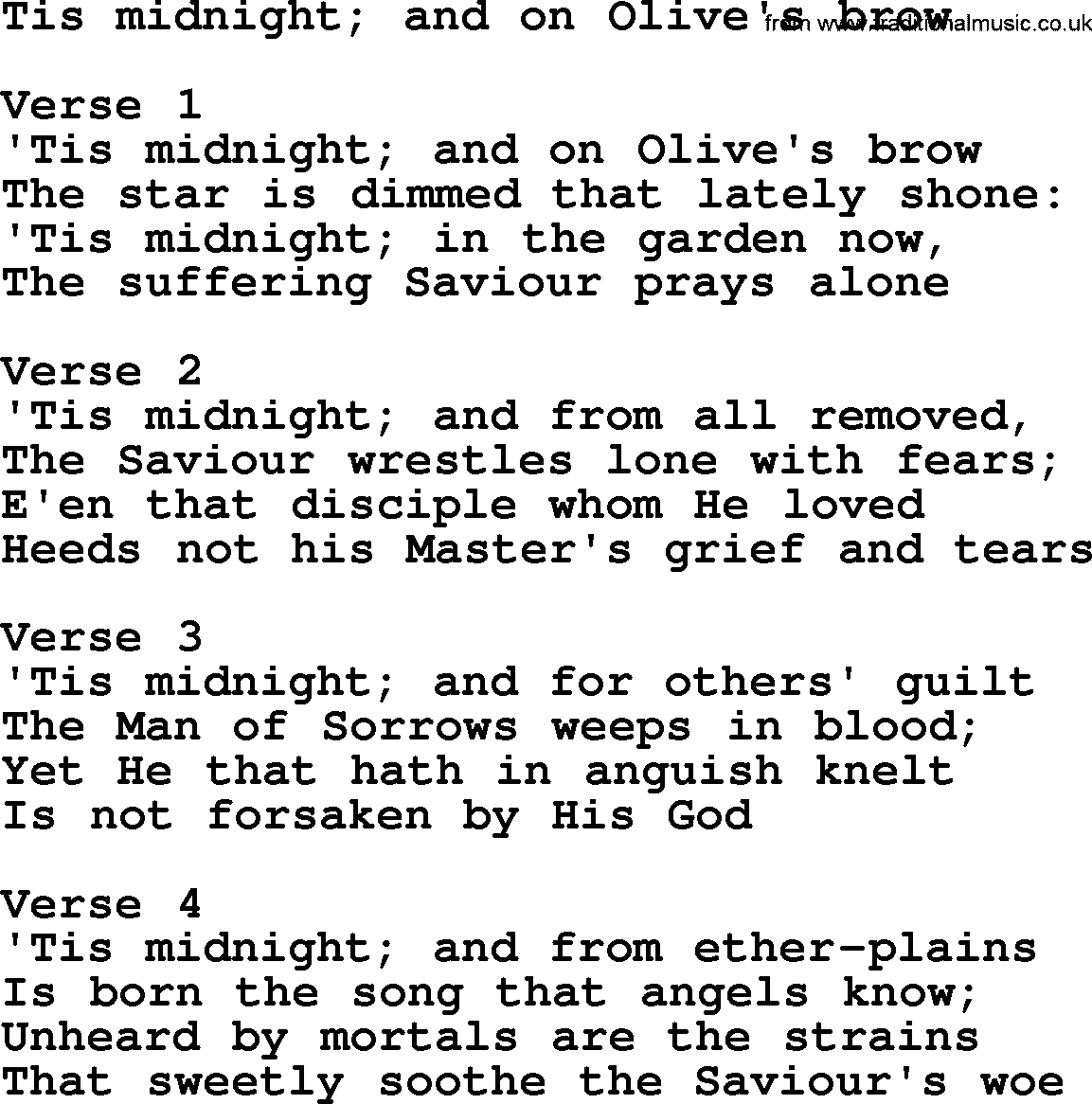 Apostolic and Pentecostal Hymns and Gospel Songs, Hymn: Tis Midnight; And On Olive's Brow, Christian lyrics and PDF