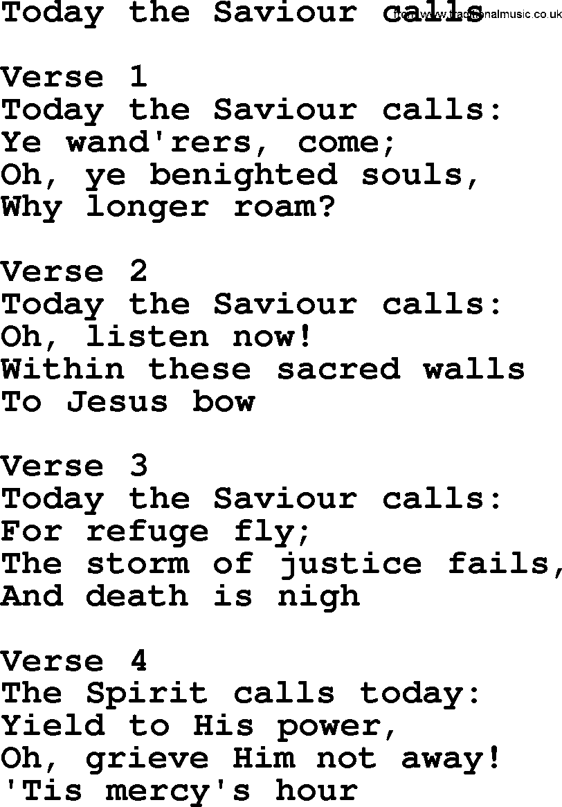 Apostolic and Pentecostal Hymns and Gospel Songs, Hymn: Today The Saviour Calls, Christian lyrics and PDF