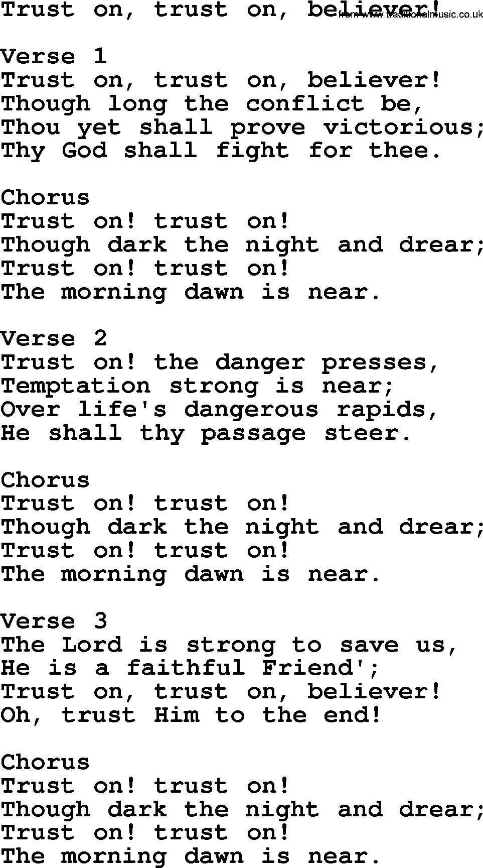 Apostolic and Pentecostal Hymns and Gospel Songs, Hymn: Trust On, Trust On, Believer!, Christian lyrics and PDF