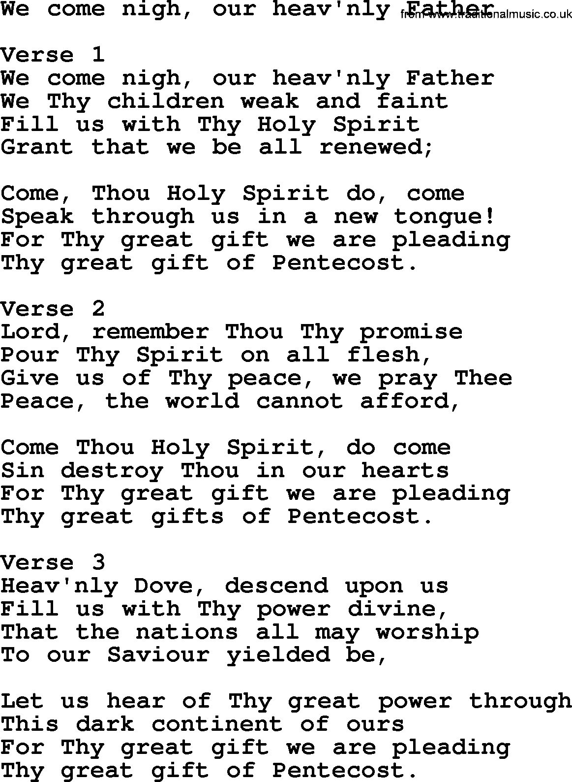 Apostolic and Pentecostal Hymns and Gospel Songs, Hymn: We Come Nigh, Our Heav'nly Father, Christian lyrics and PDF