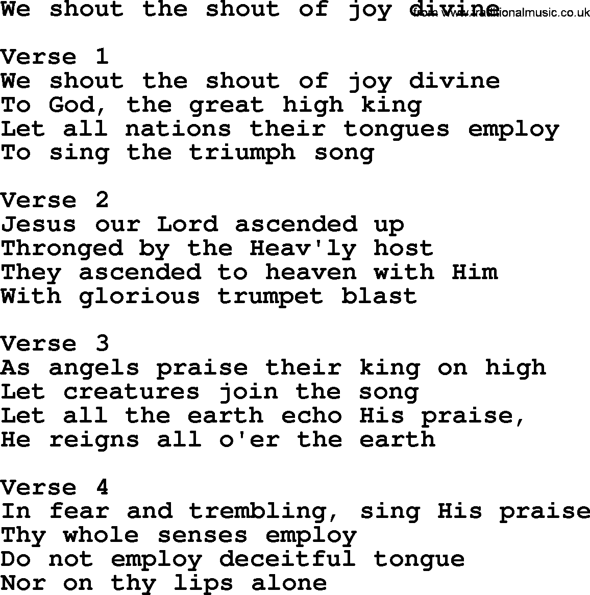 Apostolic and Pentecostal Hymns and Gospel Songs, Hymn: We Shout The Shout Of Joy Divine, Christian lyrics and PDF