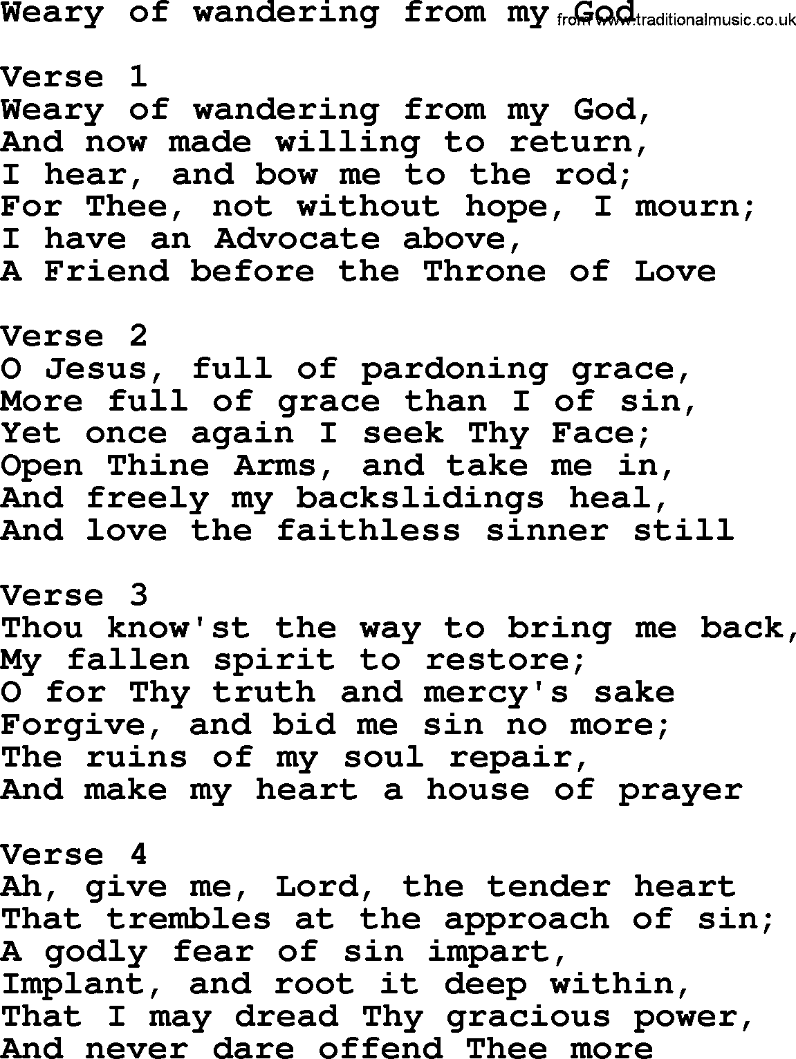 Apostolic and Pentecostal Hymns and Gospel Songs, Hymn: Weary Of Wandering From My God, Christian lyrics and PDF