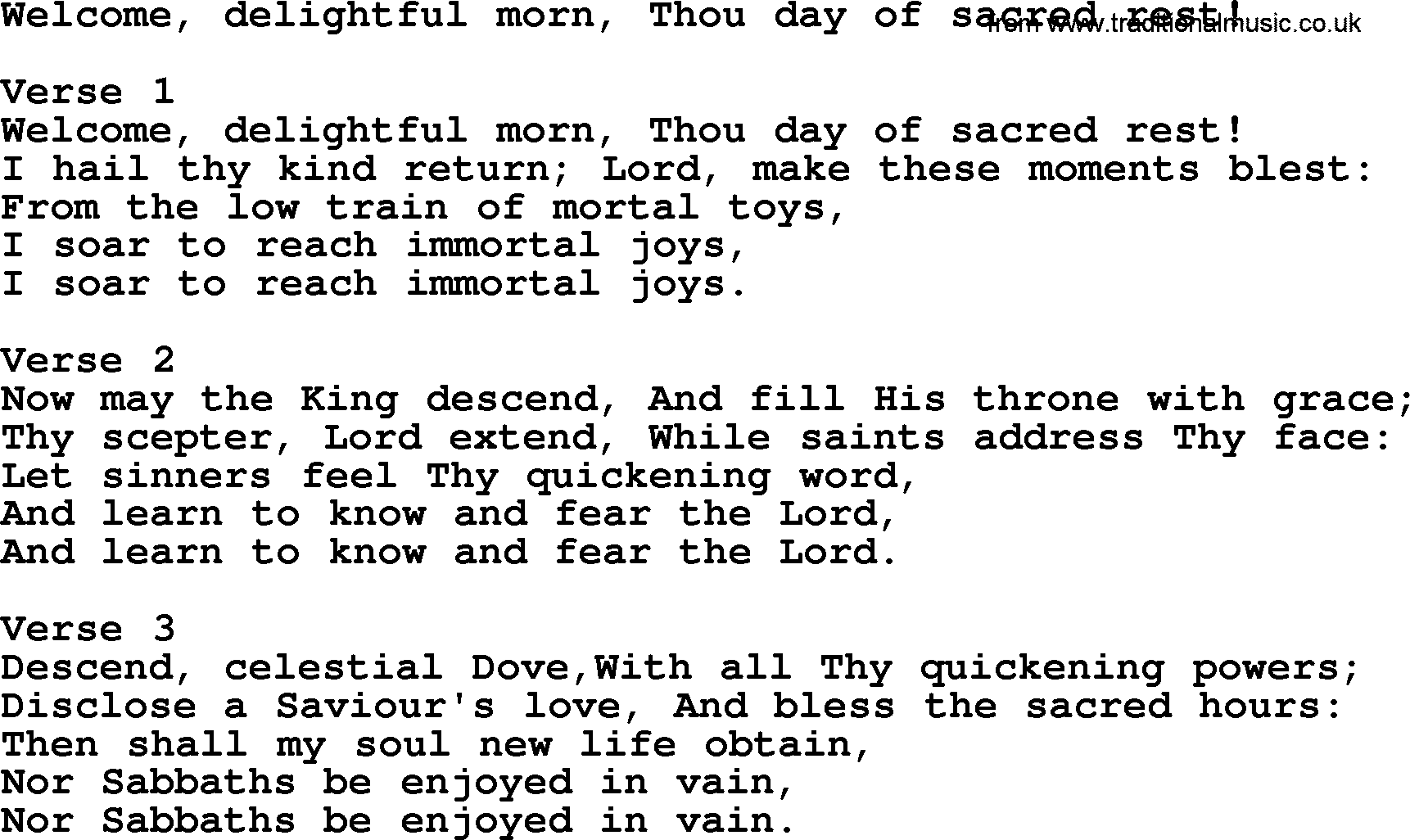 Apostolic and Pentecostal Hymns and Gospel Songs, Hymn: Welcome, Delightful Morn, Thou Day Of Sacred Rest!, Christian lyrics and PDF