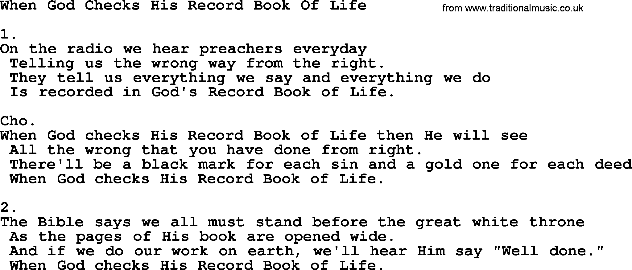 Apostolic & Pentecostal Hymns and Songs, Hymn: When God Checks His Record Book Of Life lyrics and PDF