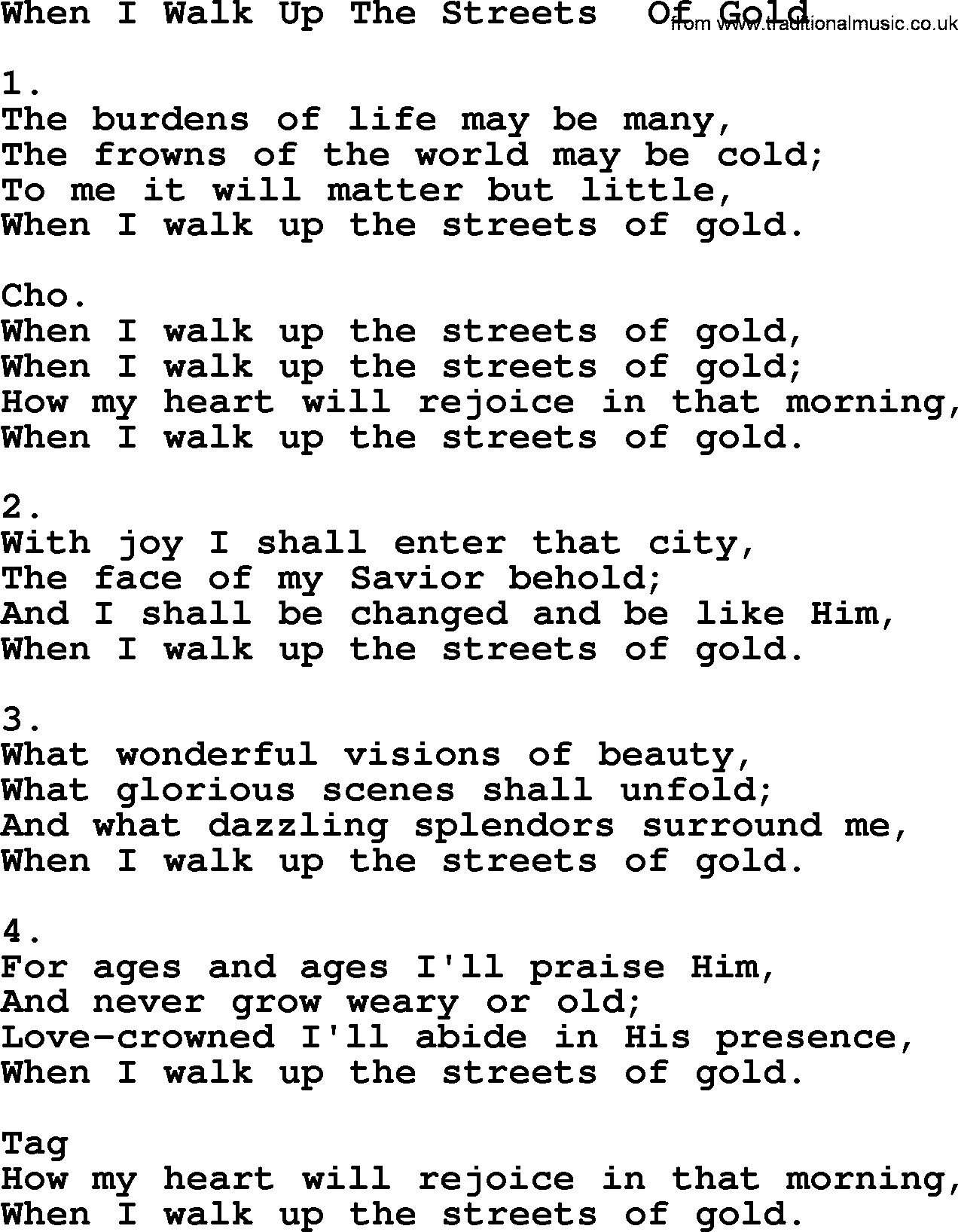 Apostolic & Pentecostal Hymns and Songs, Hymn: When I Walk Up The Streets  Of Gold lyrics and PDF
