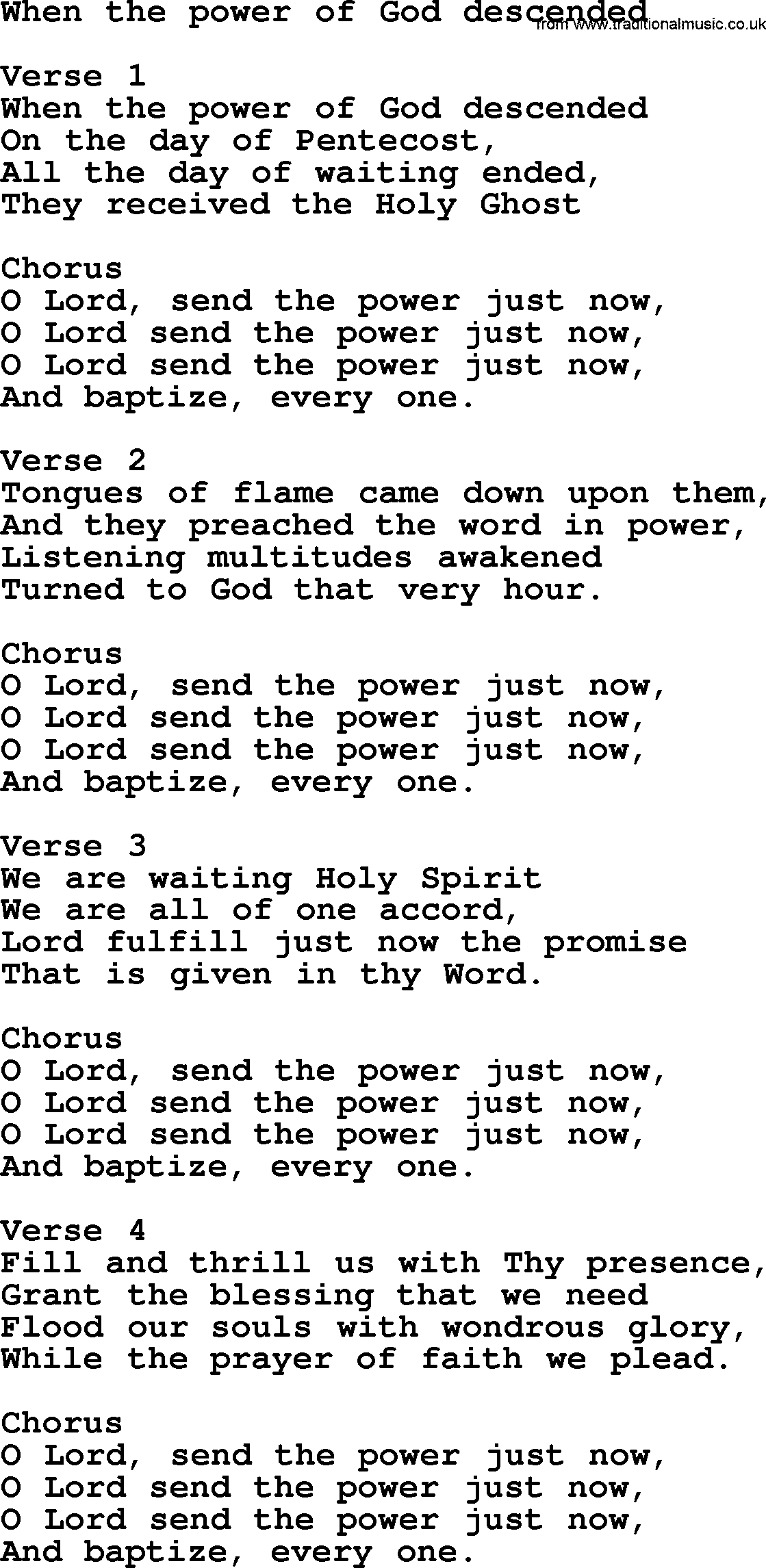 Apostolic and Pentecostal Hymns and Gospel Songs, Hymn: When The Power Of God Descended, Christian lyrics and PDF
