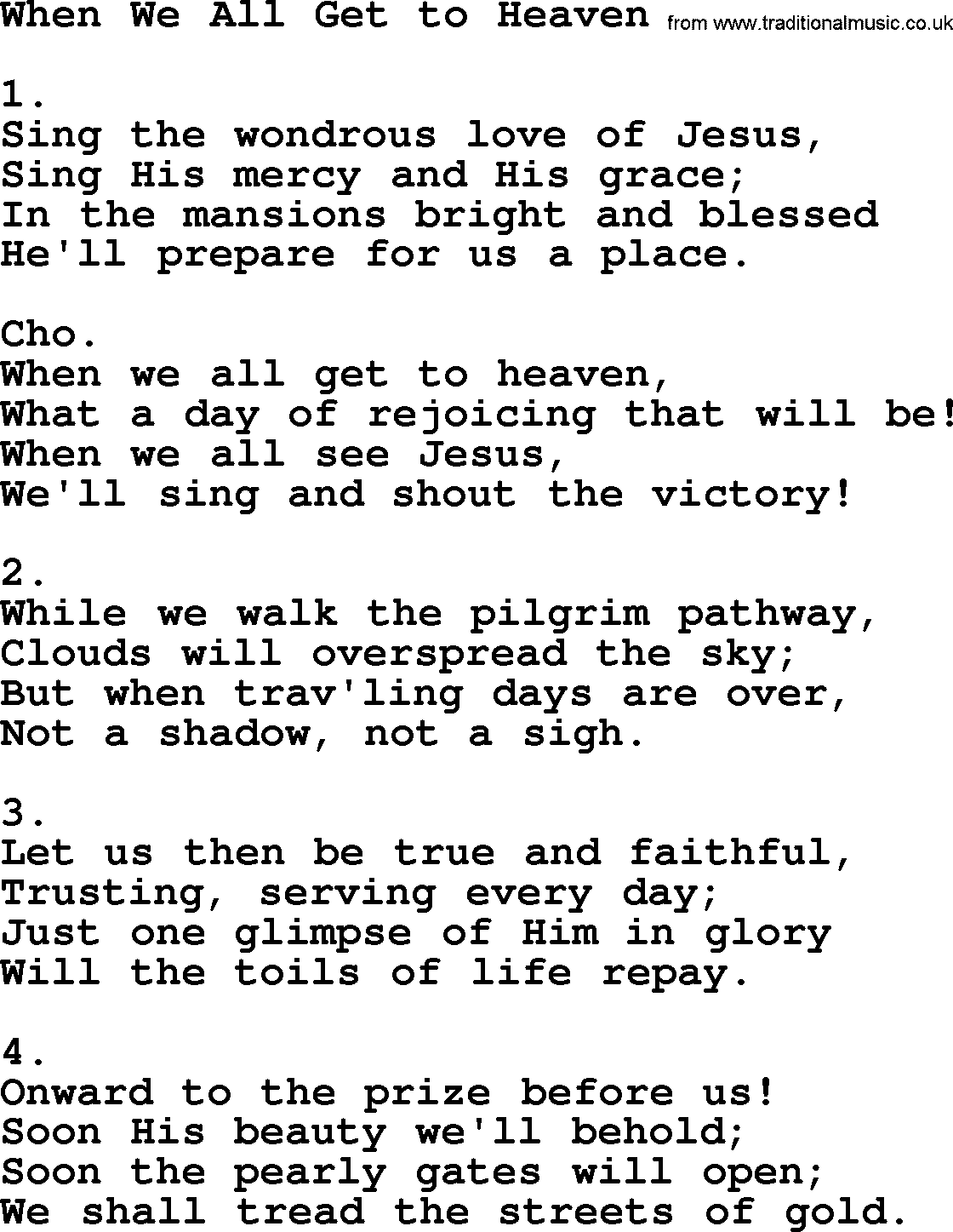 Apostolic & Pentecostal Hymns and Songs, Hymn: When We All Get to Heaven lyrics and PDF