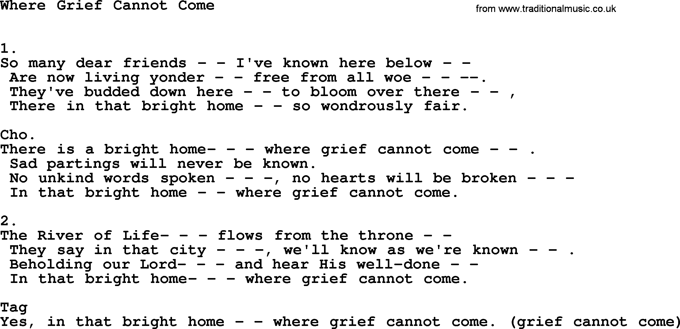 Apostolic & Pentecostal Hymns and Songs, Hymn: Where Grief Cannot Come lyrics and PDF