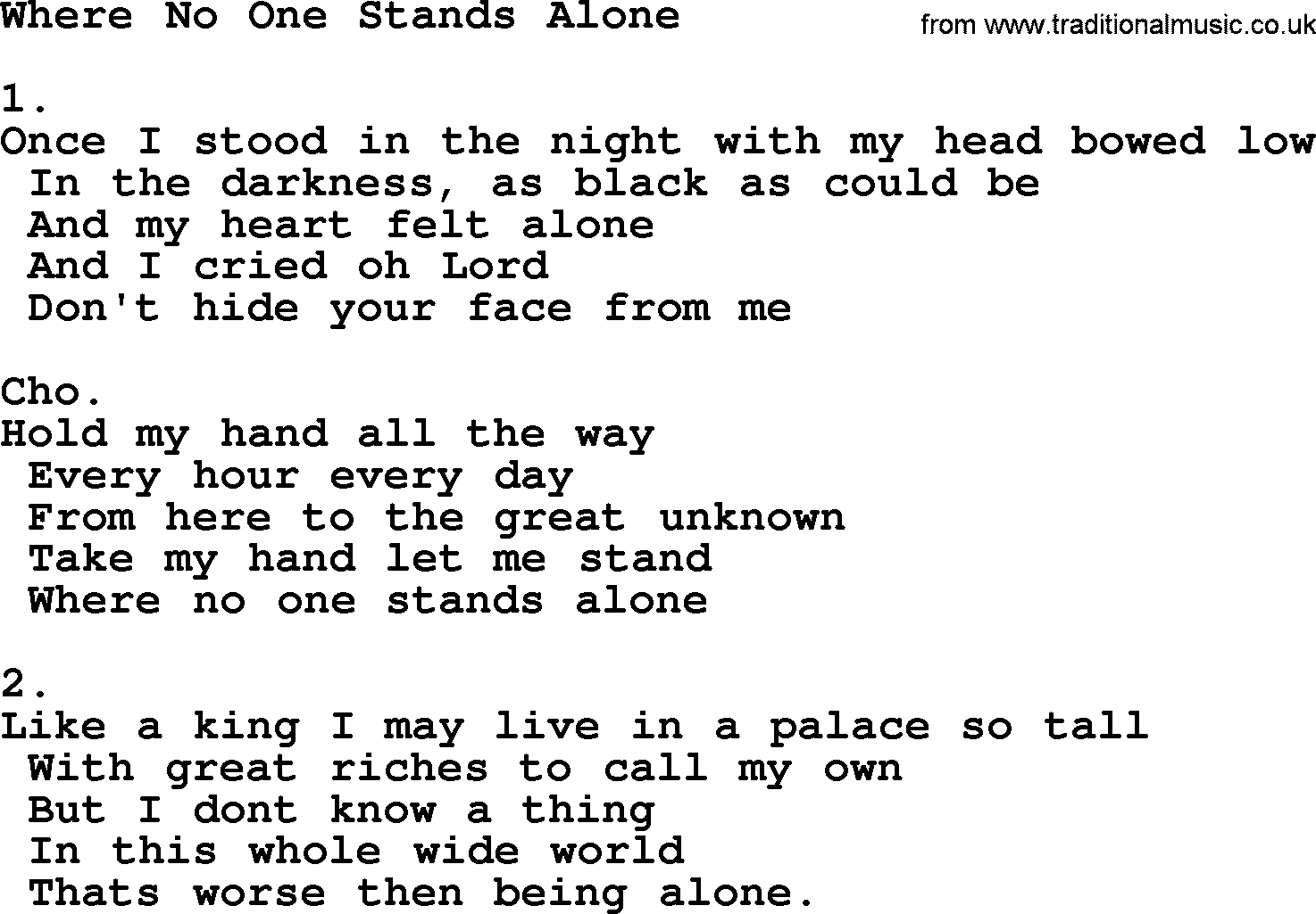 Apostolic & Pentecostal Hymns and Songs, Hymn: Where No One Stands Alone lyrics and PDF