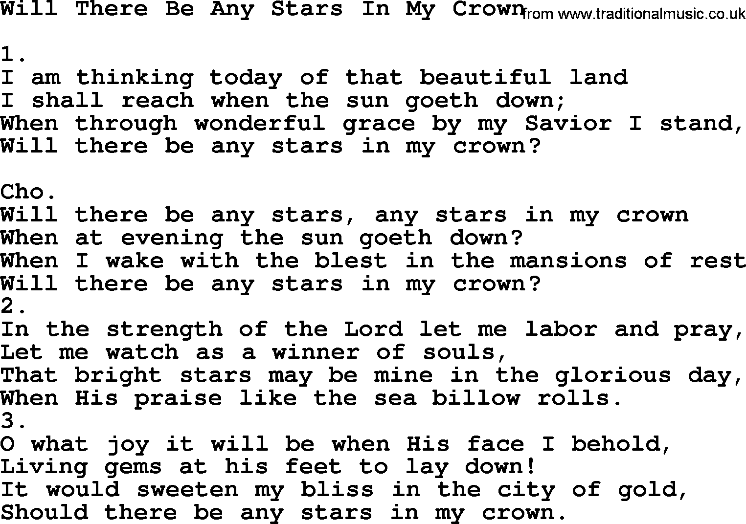 Apostolic & Pentecostal Hymns and Songs, Hymn: Will There Be Any Stars In My Crown lyrics and PDF