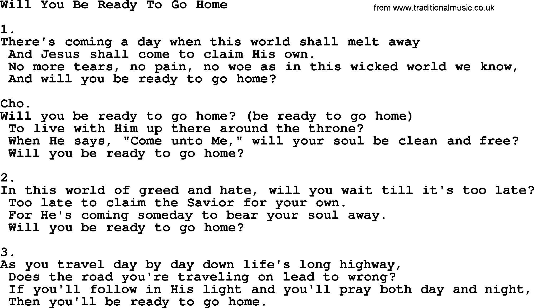 Apostolic & Pentecostal Hymns and Songs, Hymn: Will You Be Ready To Go Home lyrics and PDF