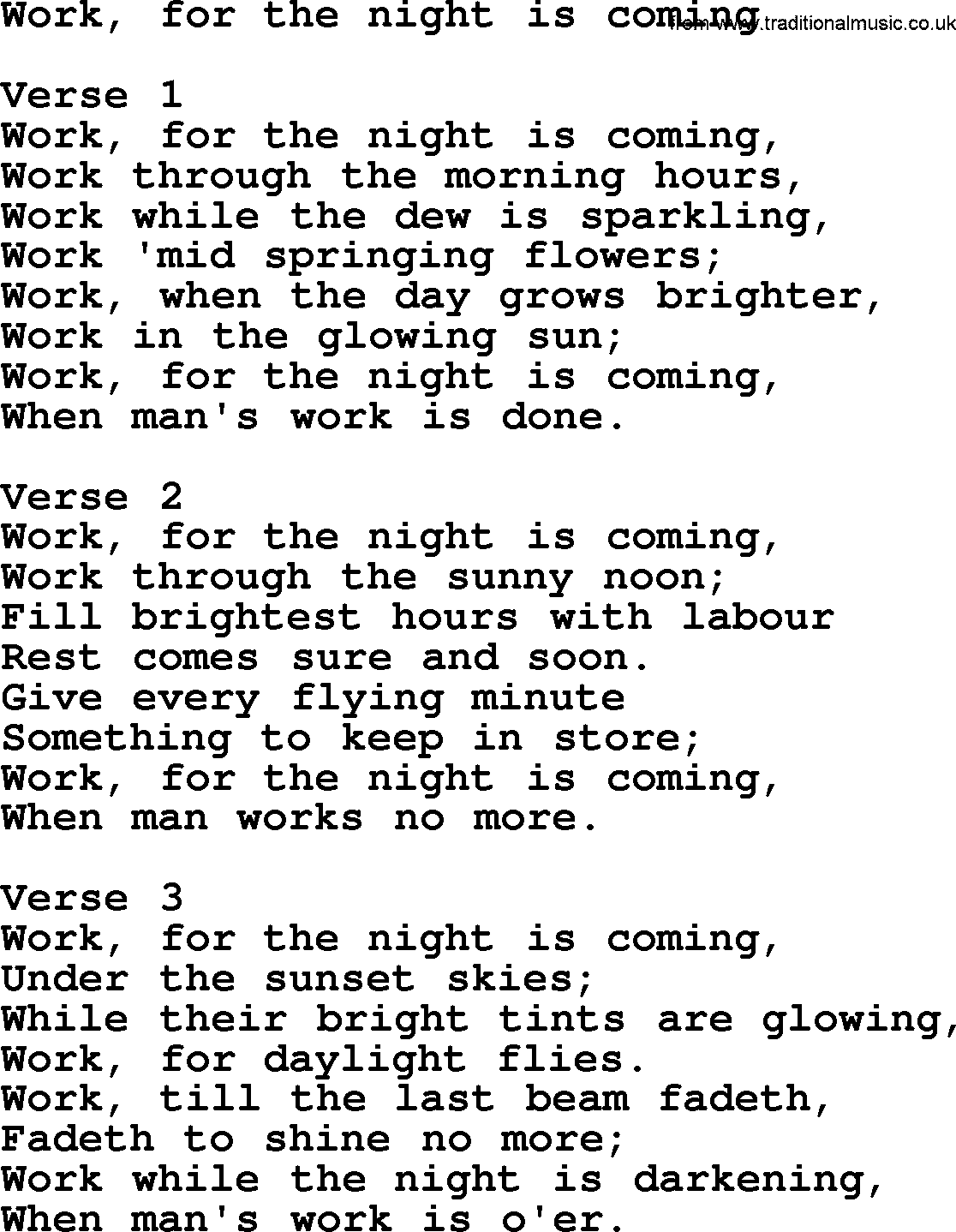 Apostolic and Pentecostal Hymns and Gospel Songs, Hymn: Work, For The Night Is Coming, Christian lyrics and PDF