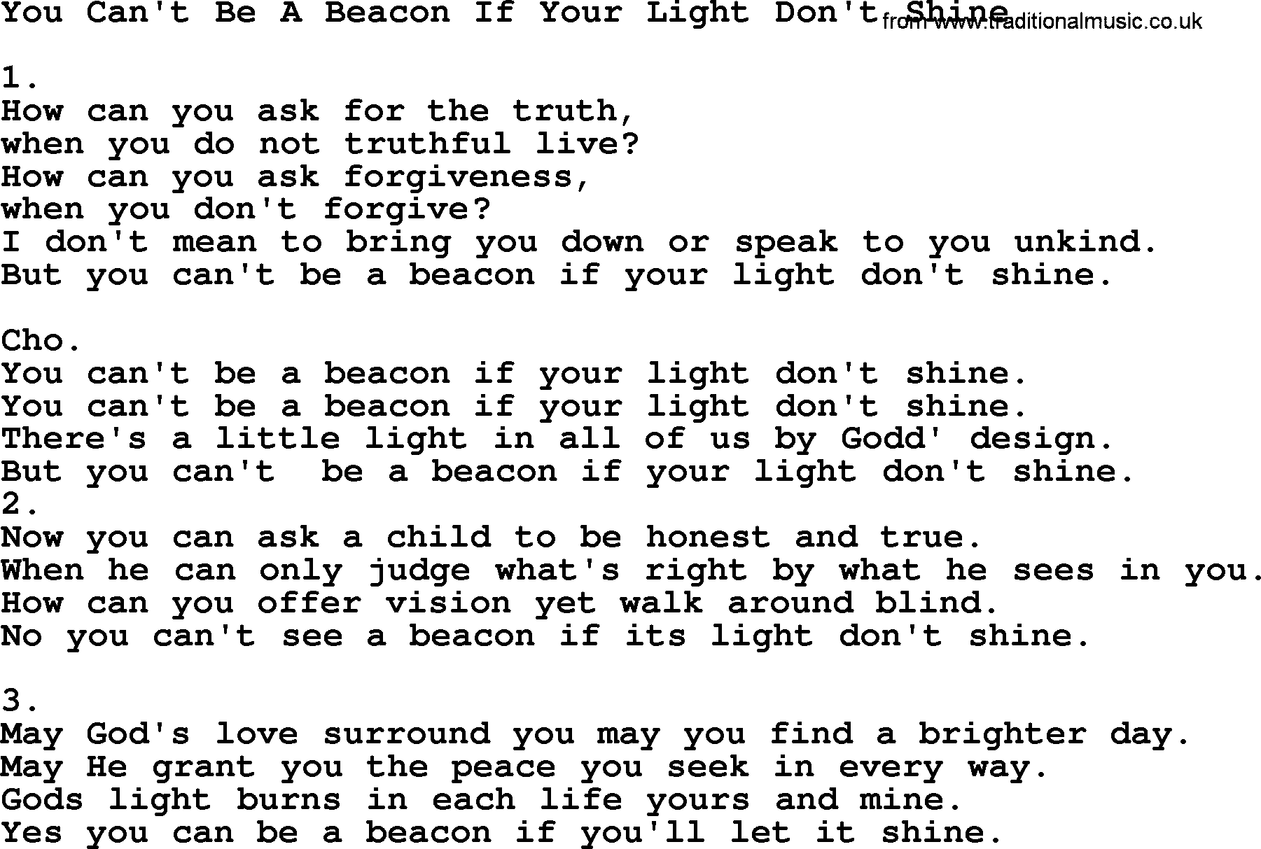 Apostolic & Pentecostal Hymns and Songs, Hymn: You Can't Be A Beacon If Your Light Don't Shine lyrics and PDF