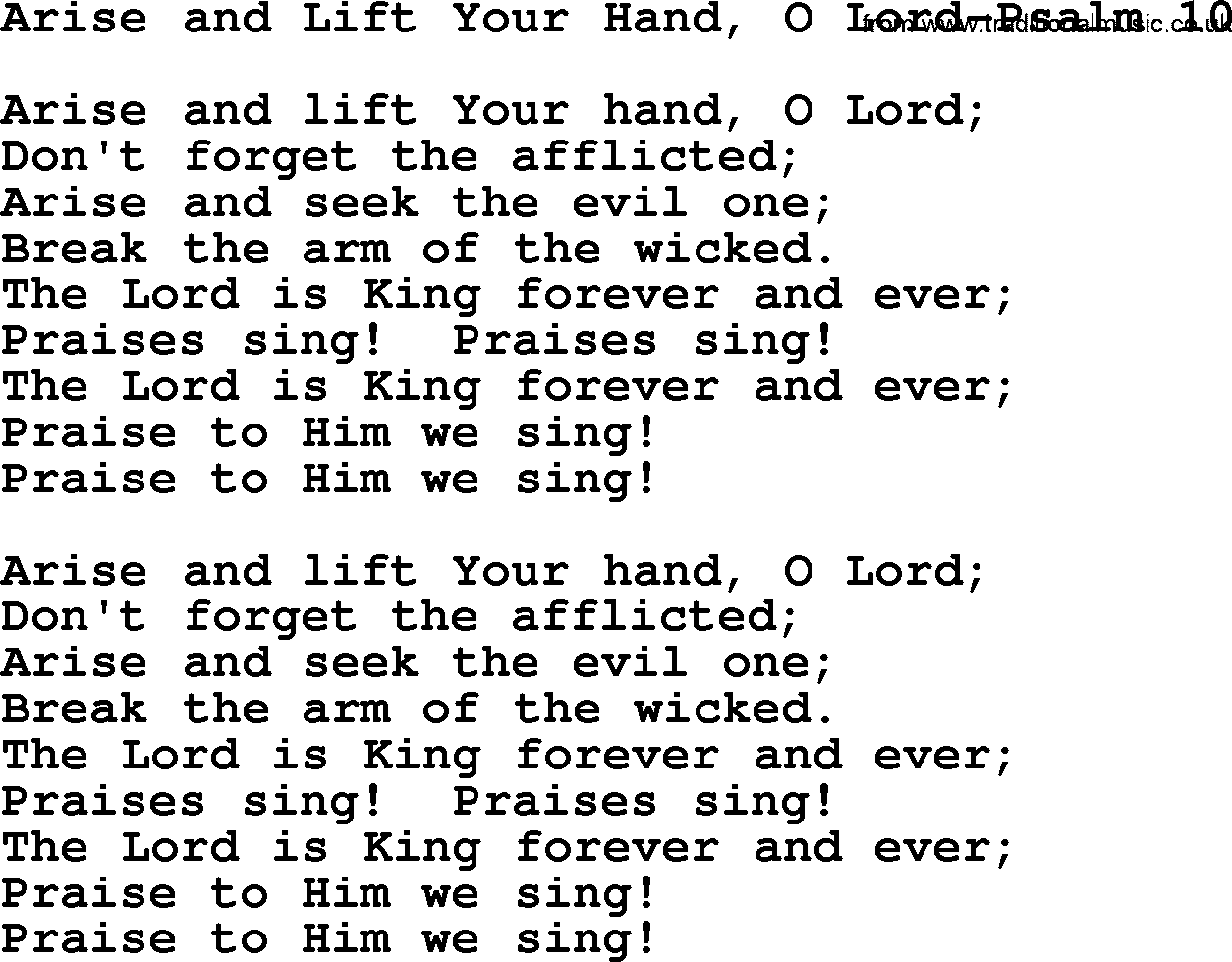 Hymns from the Psalms, Hymn: Arise And Lift Your Hand, O Lord-Psalm 10, lyrics with PDF
