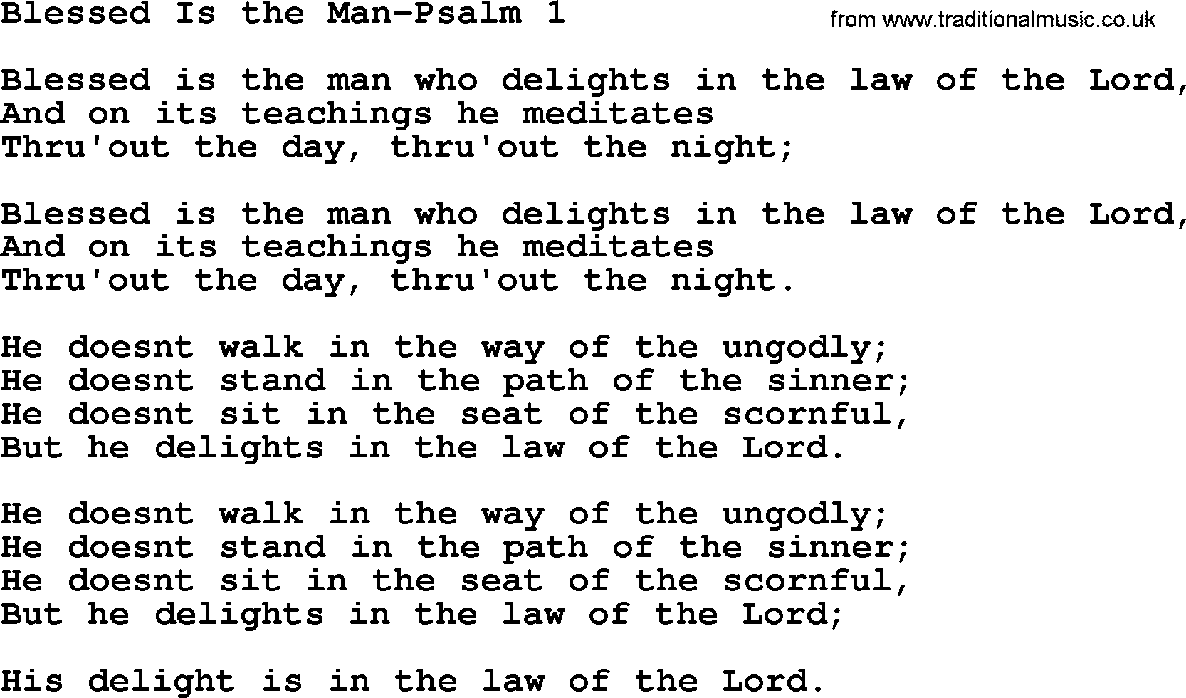 Hymns from the Psalms, Hymn: Blessed Is The Man-Psalm 1, lyrics with PDF